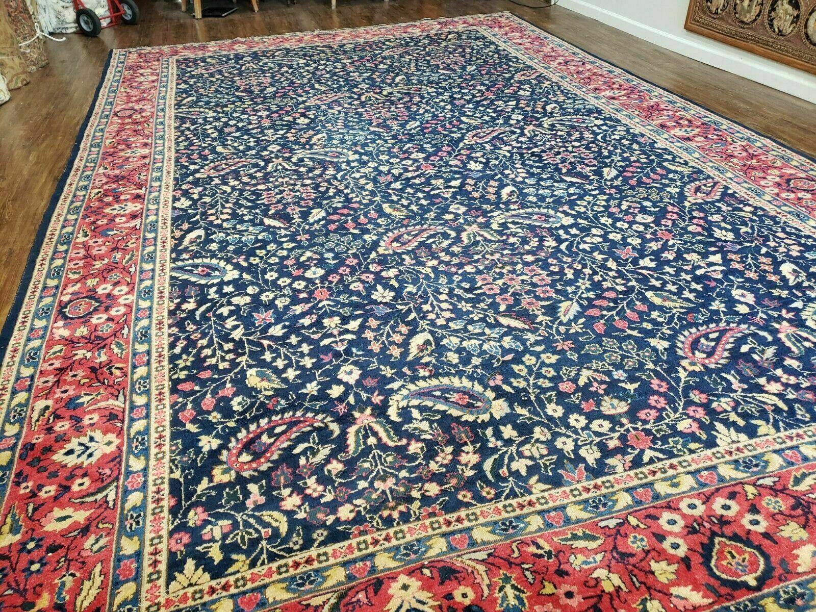 10' X 15.5' Antique Handmade Turkish Sparta Wool Area Rug Nice Navy Blue Red Organic - Jewel Rugs