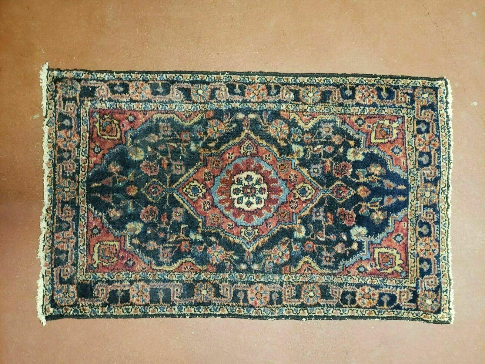 1' 9" X 2' 10" Antique Handmade Floral Oriental Wool Area Rug Small Oriental Carpet Blue & Red - Jewel Rugs