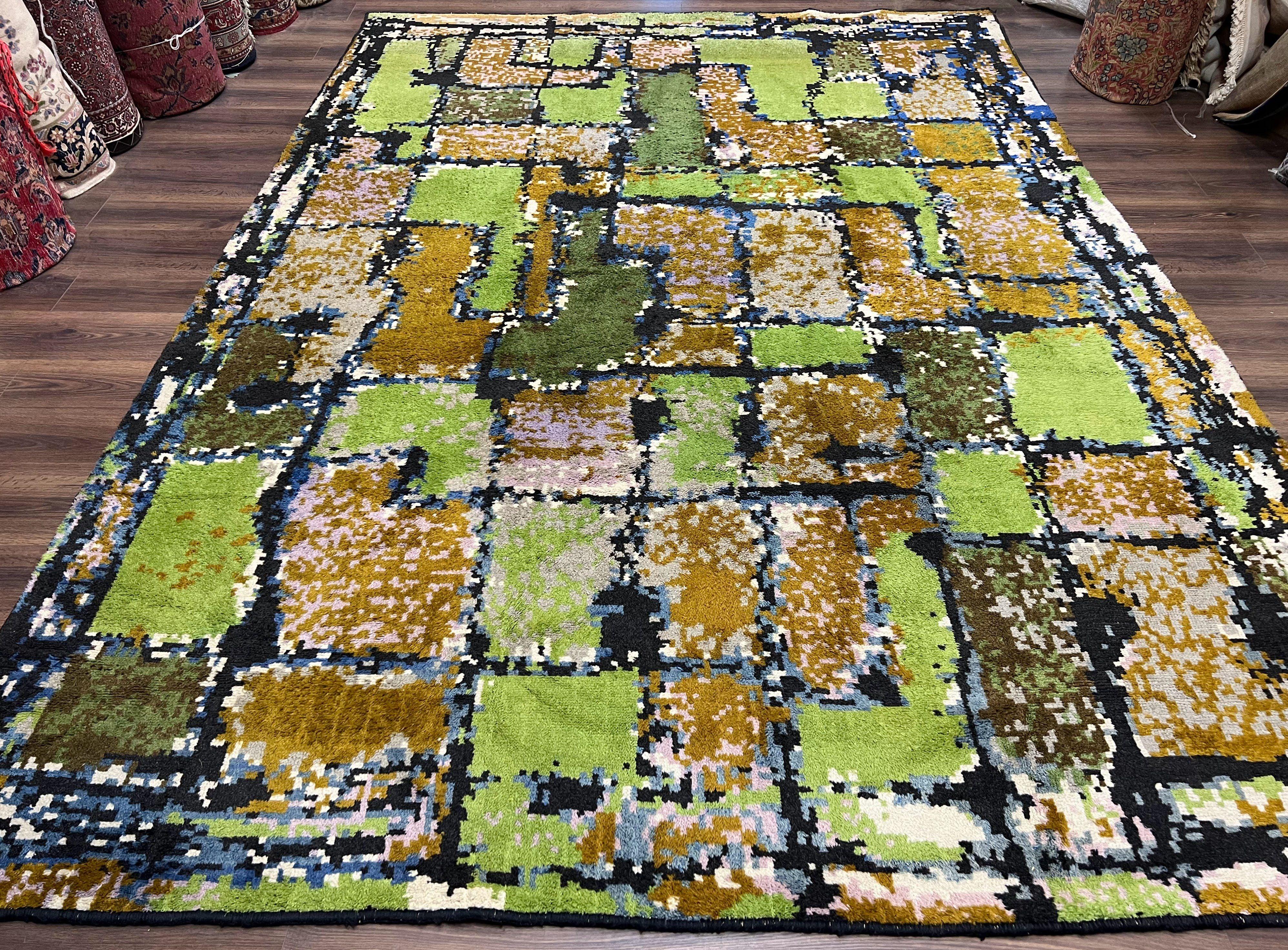 Large Swedish Shag Rug 8x11, Room Sized Vintage Retro Mid Century Shag Area Rug, Abstract Multicolor Design, Greens Blues, Soft, 8 x 11 Rug - Jewel Rugs