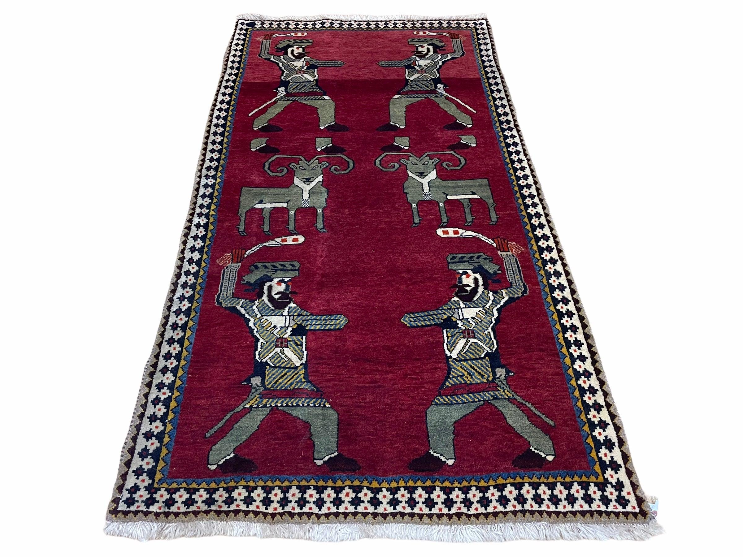 3 X 6 Handmade Wool Rug Tribal Balouch Warriors Deer Animal Pictorial Red Swords - Jewel Rugs