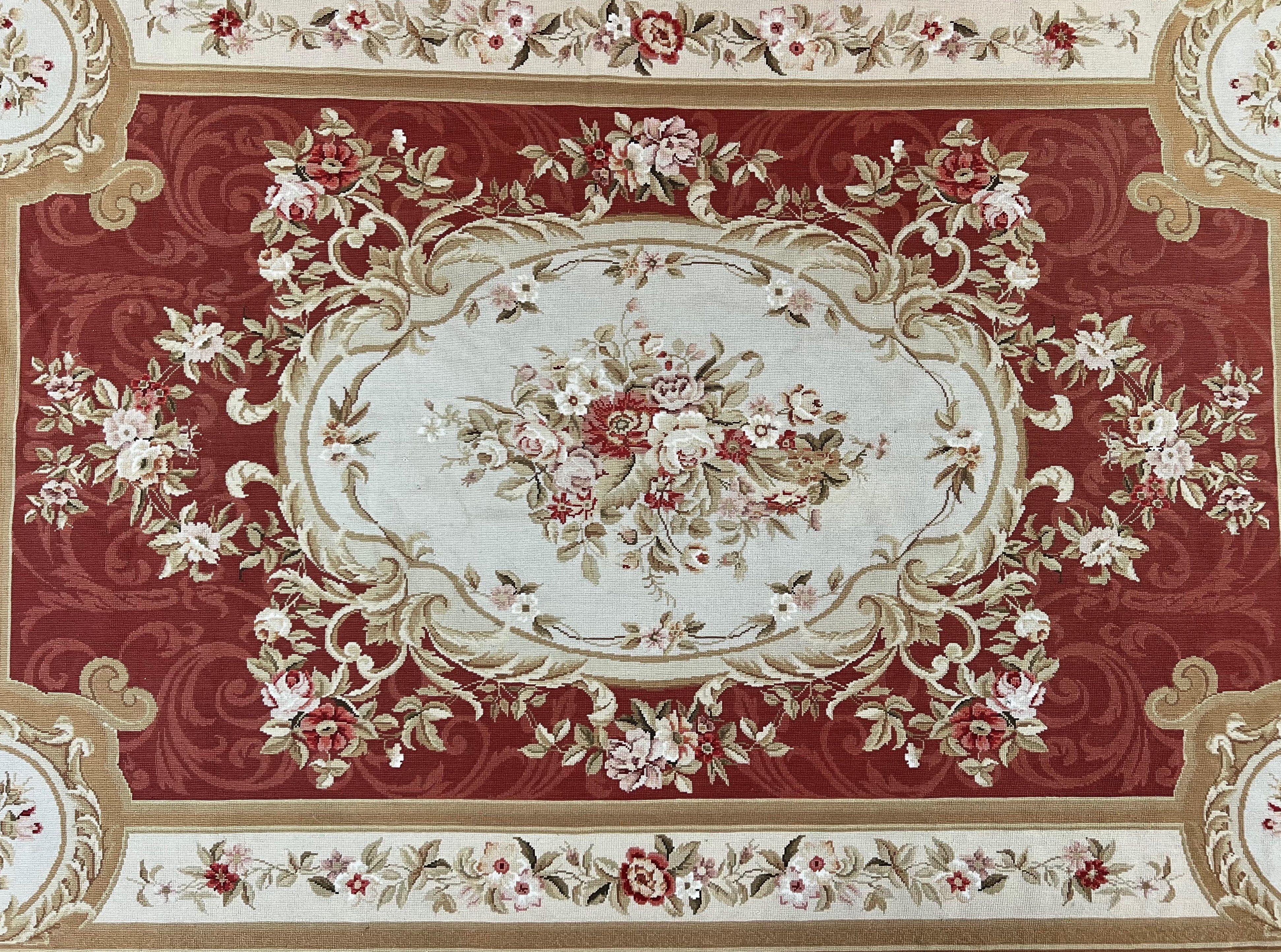 Aubusson Needlepoint Rug 5x8, Red Ivory Tan, Vintage Needlepoint Carpet 5 x 8 ft, Handmade Hand woven Wool, French European, Medium Size Rug - Jewel Rugs