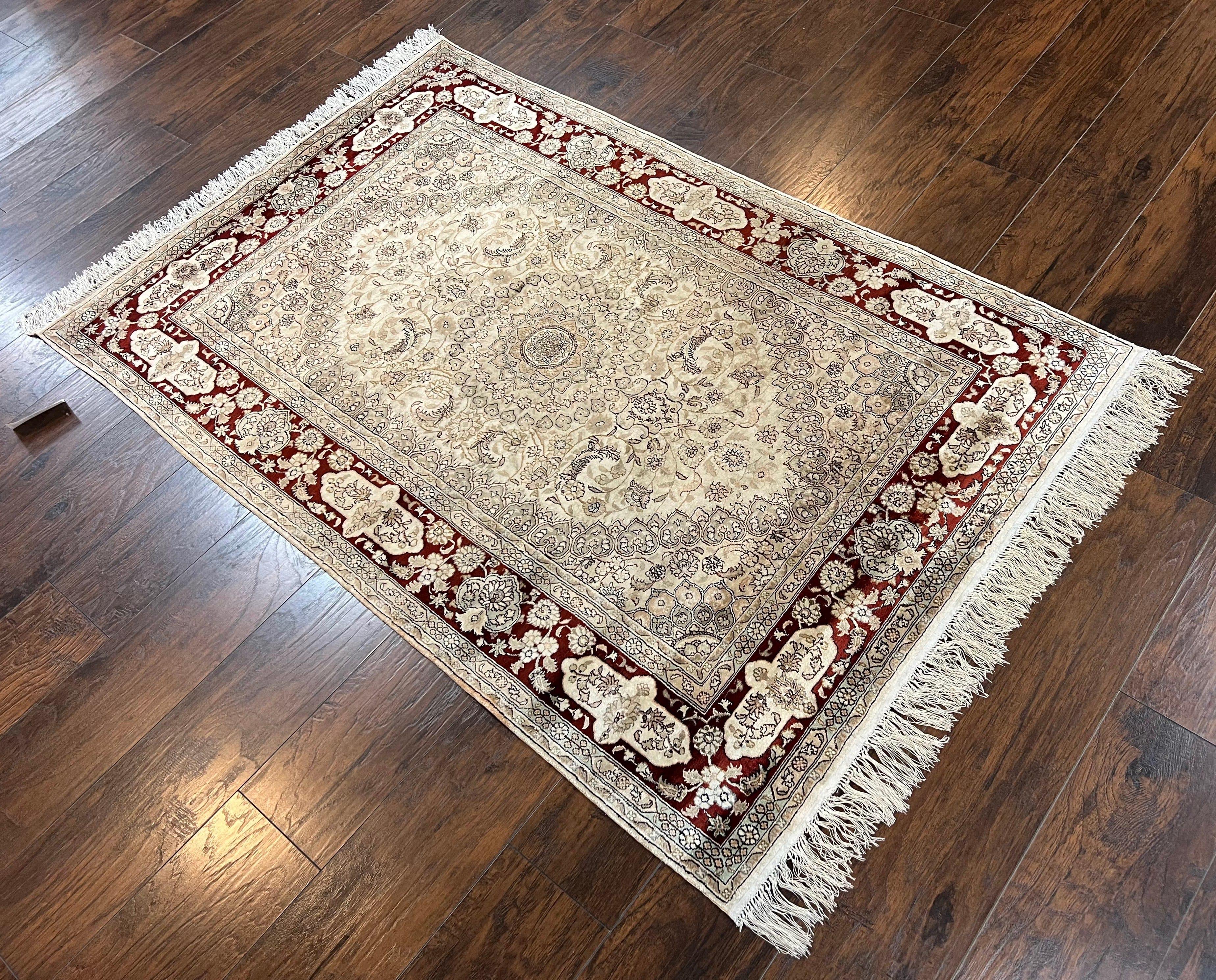 Silk Indian Kashmiri Rug 4x6 ft, Floral Medallion Hand Knotted Handmade Oriental Carpet, Vintage, Cream Burgundy, Very Fine Silk Rug 4 x 6 - Jewel Rugs