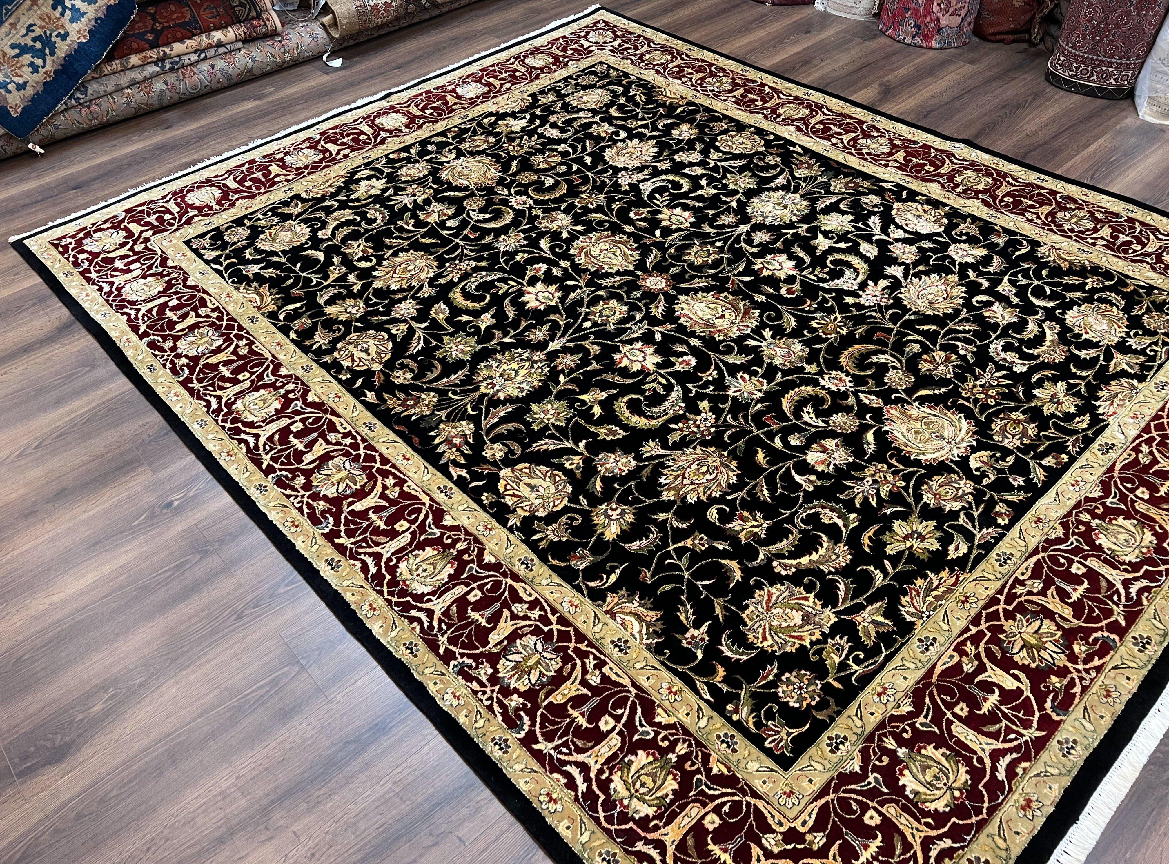 Indo Persian Rug 8x10, Black and Maroon Floral Allover Wool and Silk Oriental Carpet 8 x 10 ft, Hand Knotted Traditional Vintage Room Sized - Jewel Rugs