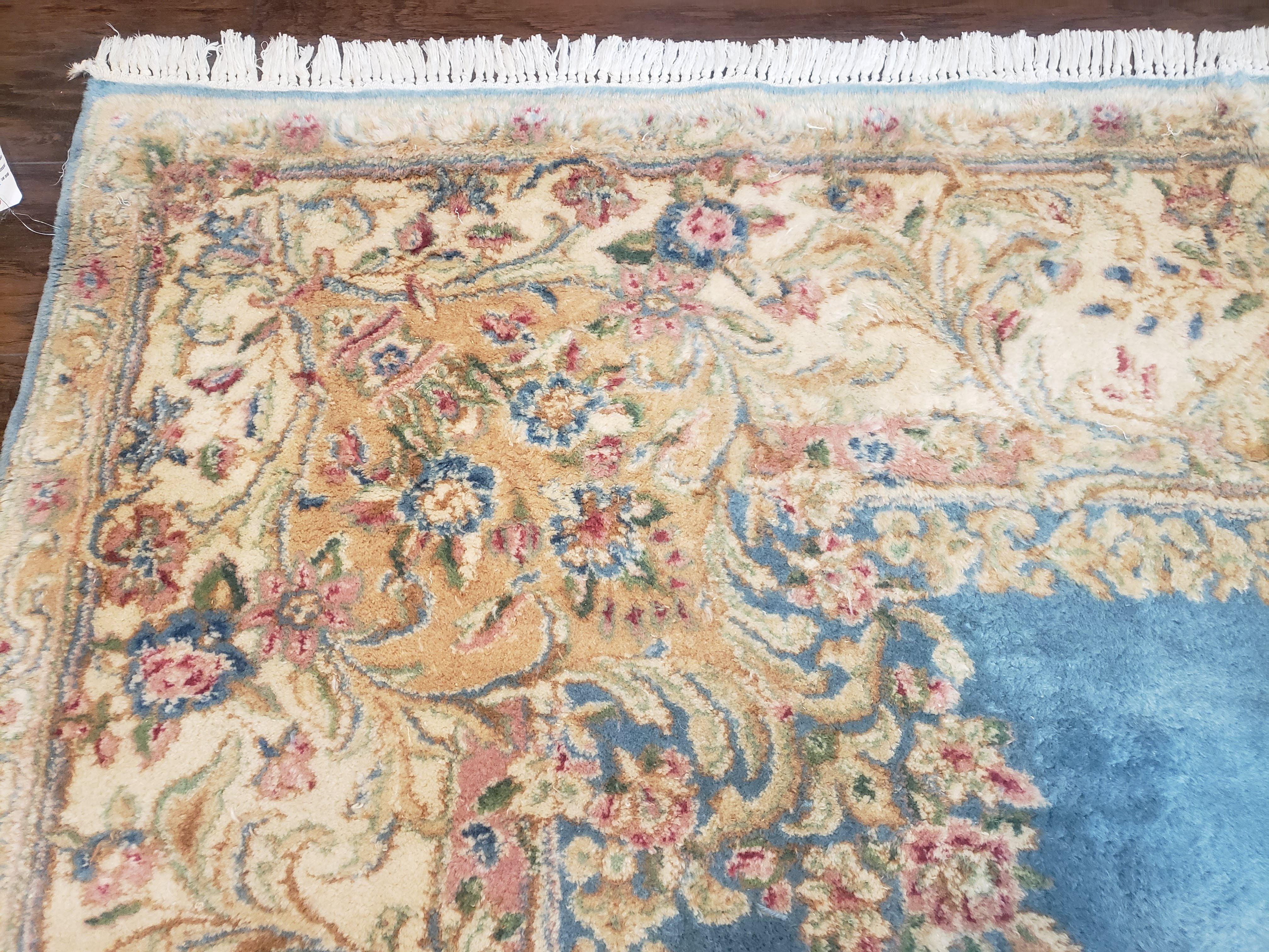 Vintage Persian Kirman Rug, Light Blue Beige Cream, Hand-Knotted, Wool, 9' x 11' 11", 9x12 - Jewel Rugs