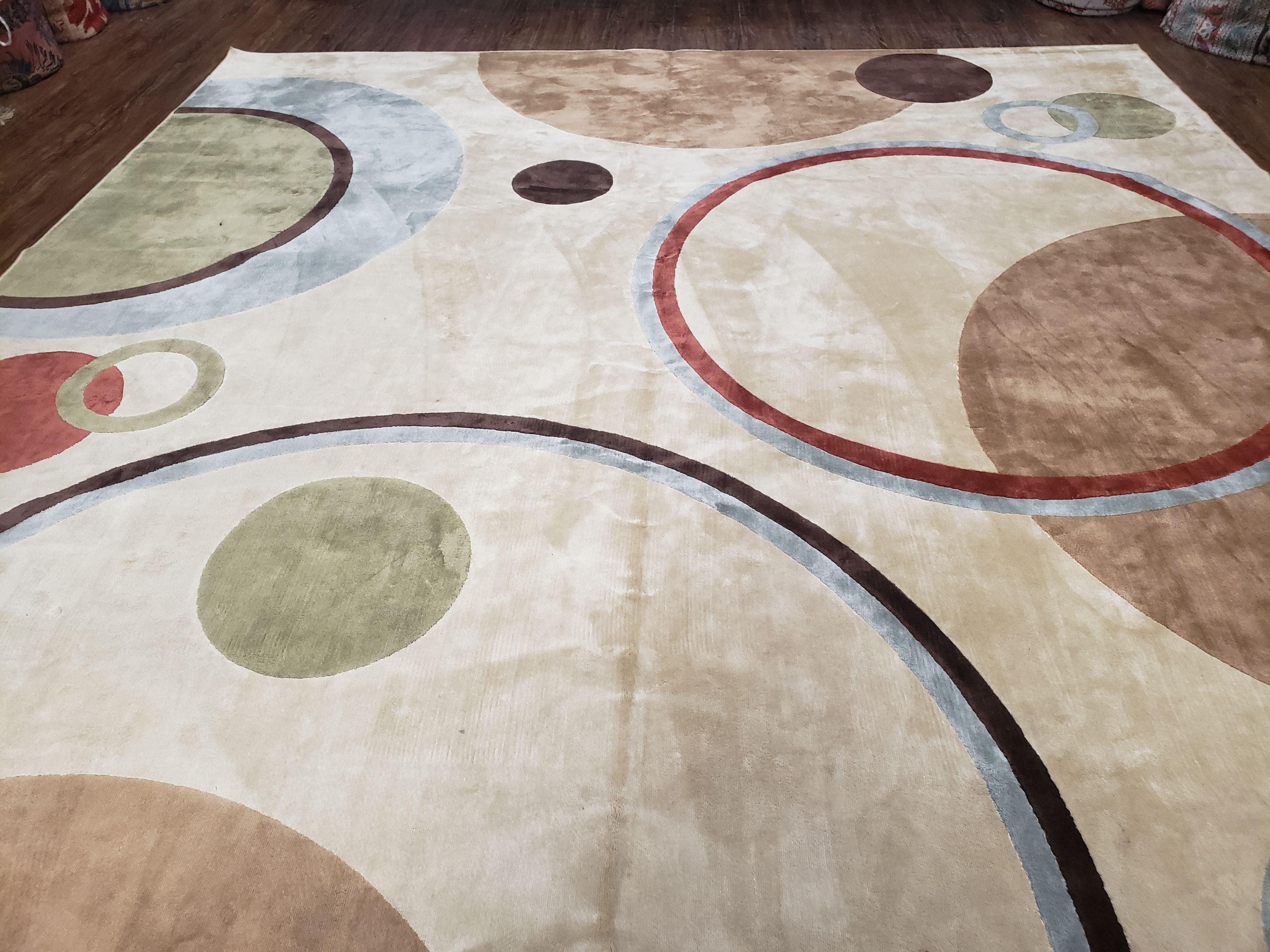 8x11 Modern Rug, 8 x 11 Abstract Area Rug, Circles, Cream, Tan, Art Silk, Soft Carpet - Jewel Rugs