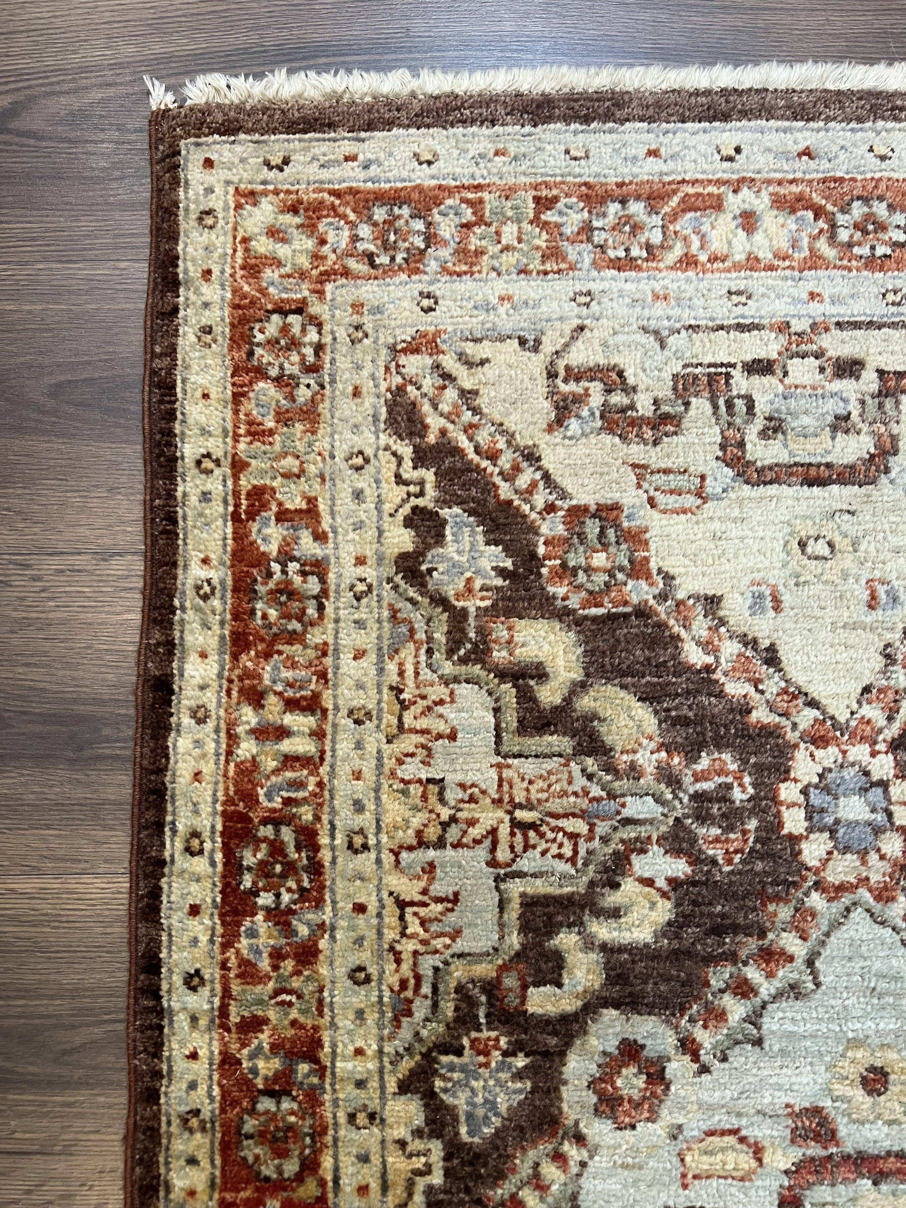 Indo Persian Rug 3.7 x 5.7, Multicolor Diamond Panel, Hand Knotted Wool Rug, Entryway Foyer Rug, Brown and Cream, Indian Oriental Carpet 4x6 - Jewel Rugs