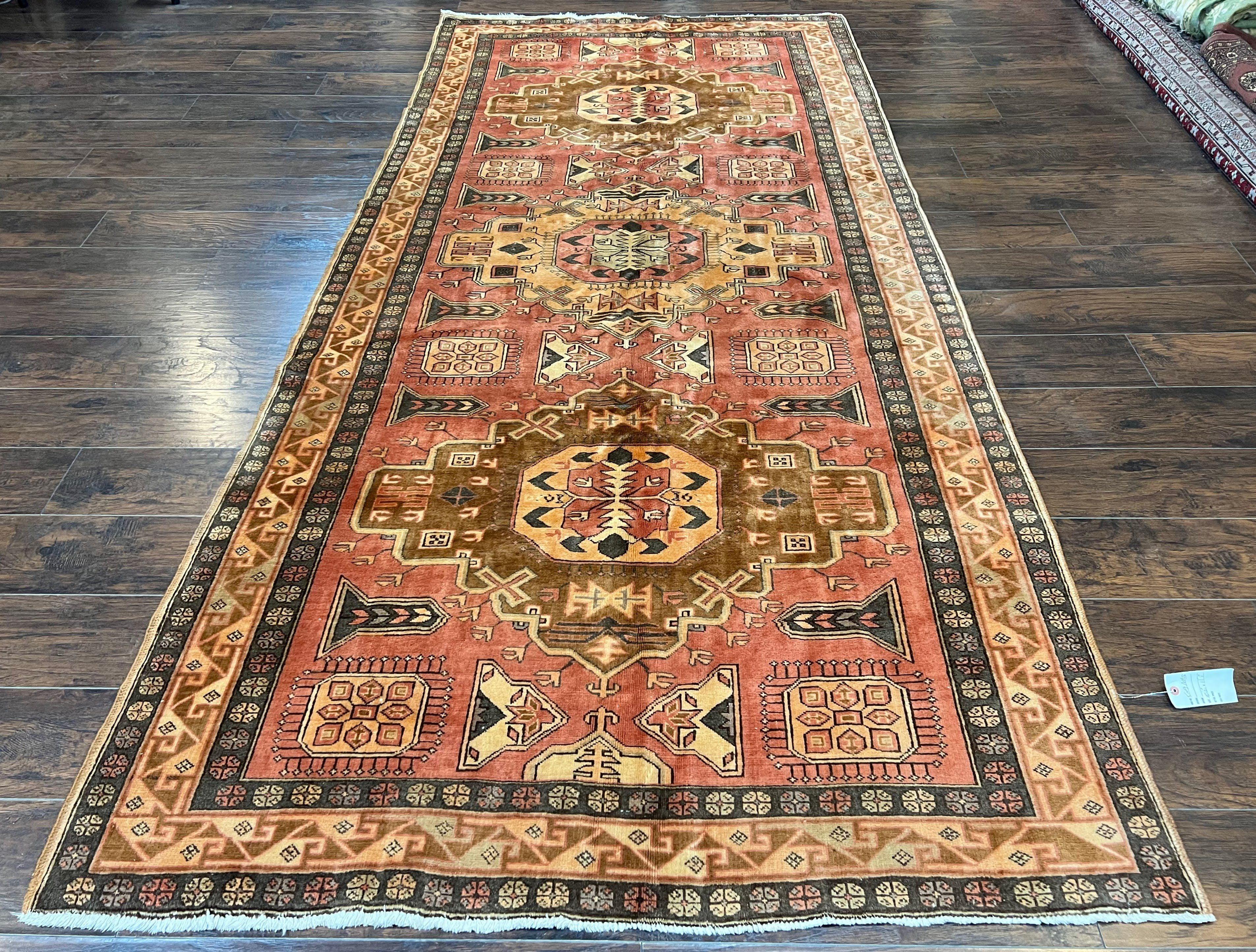Wide Persian Ardabil Runner Rug 5x11, Vintage Semi Antique Handmade Wool Hallway Corridor Carpet, Geometric Caucasian Kazak Pattern, Salmon Cream - Jewel Rugs