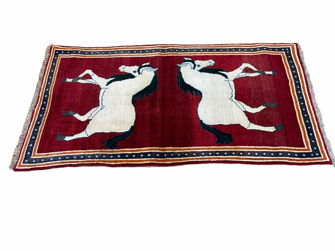 3.5 X 6 Handmade Hand-Knotted New Vintage Rug Quality Wool White Horses Red - Jewel Rugs