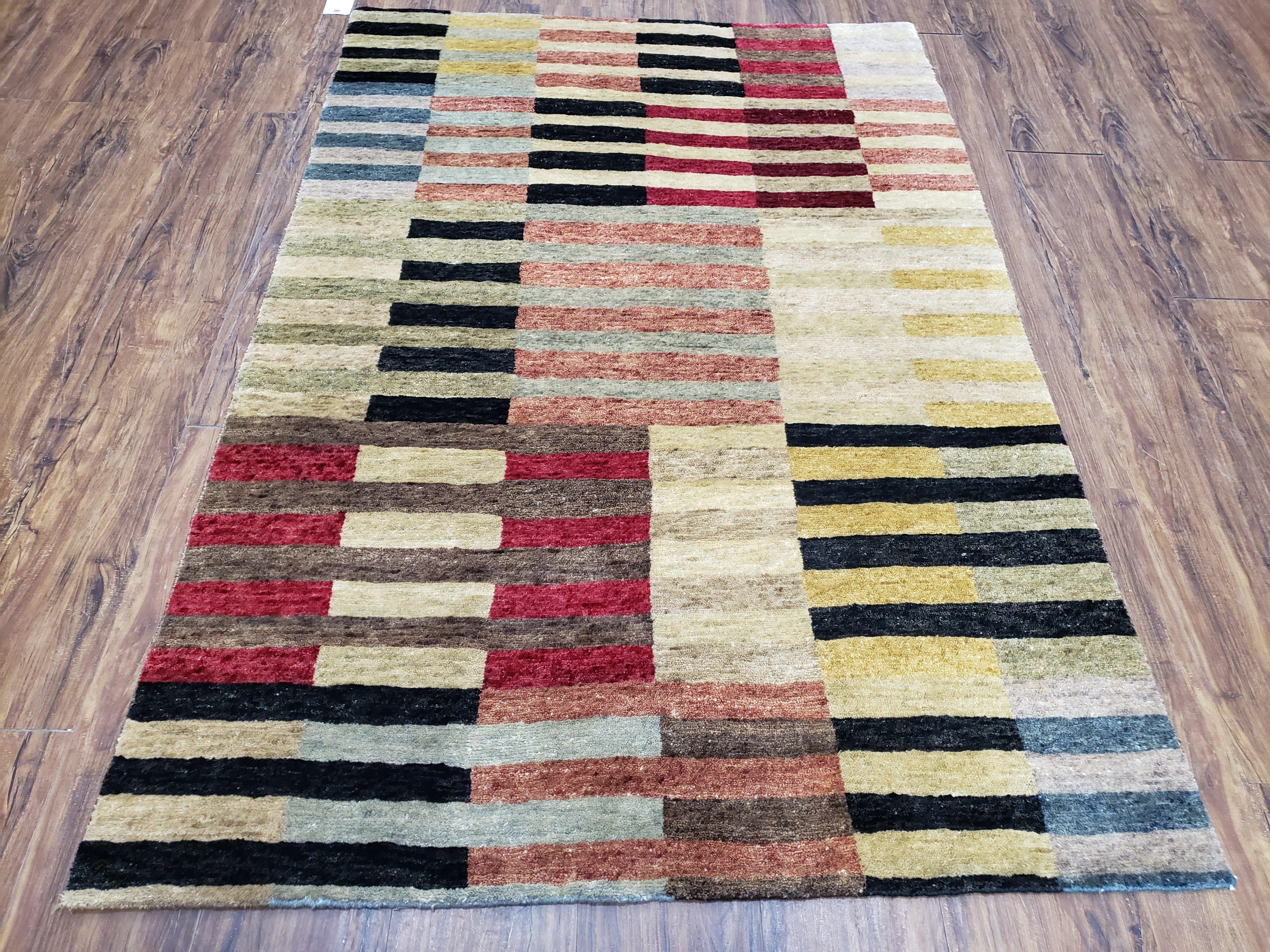 Modern Tibetan Rug 4' x 5' 9", Medium Sized Abstract Handmade Carpet, Hand-Knotted Soft Pile Wool Rug, Multicolor Contemporary Rug, Colorful - Jewel Rugs