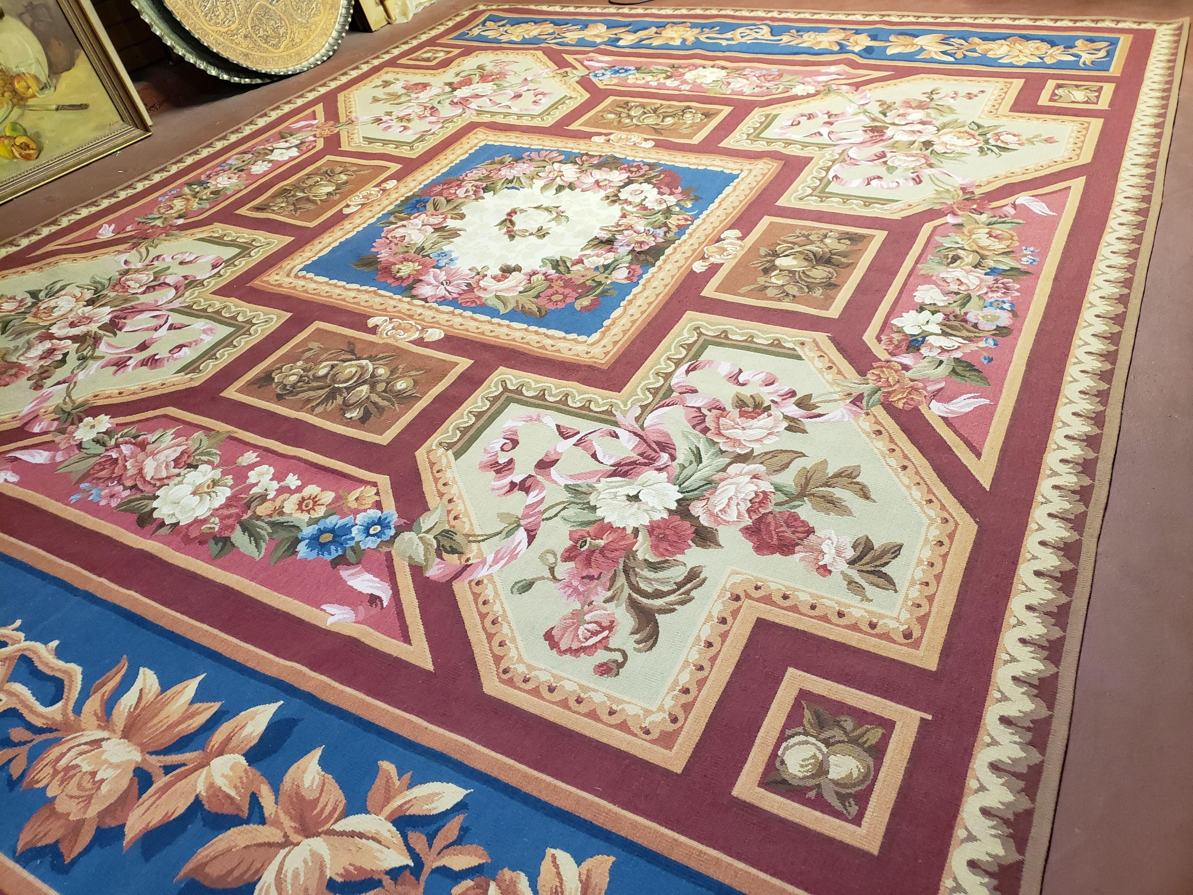 9x12 Aubusson Rug Brand New Bold Colors Blue Red Flat Weave Carpet Handmade Hand-Knotted Aubusson Weave French European Design Wool Area Rug - Jewel Rugs