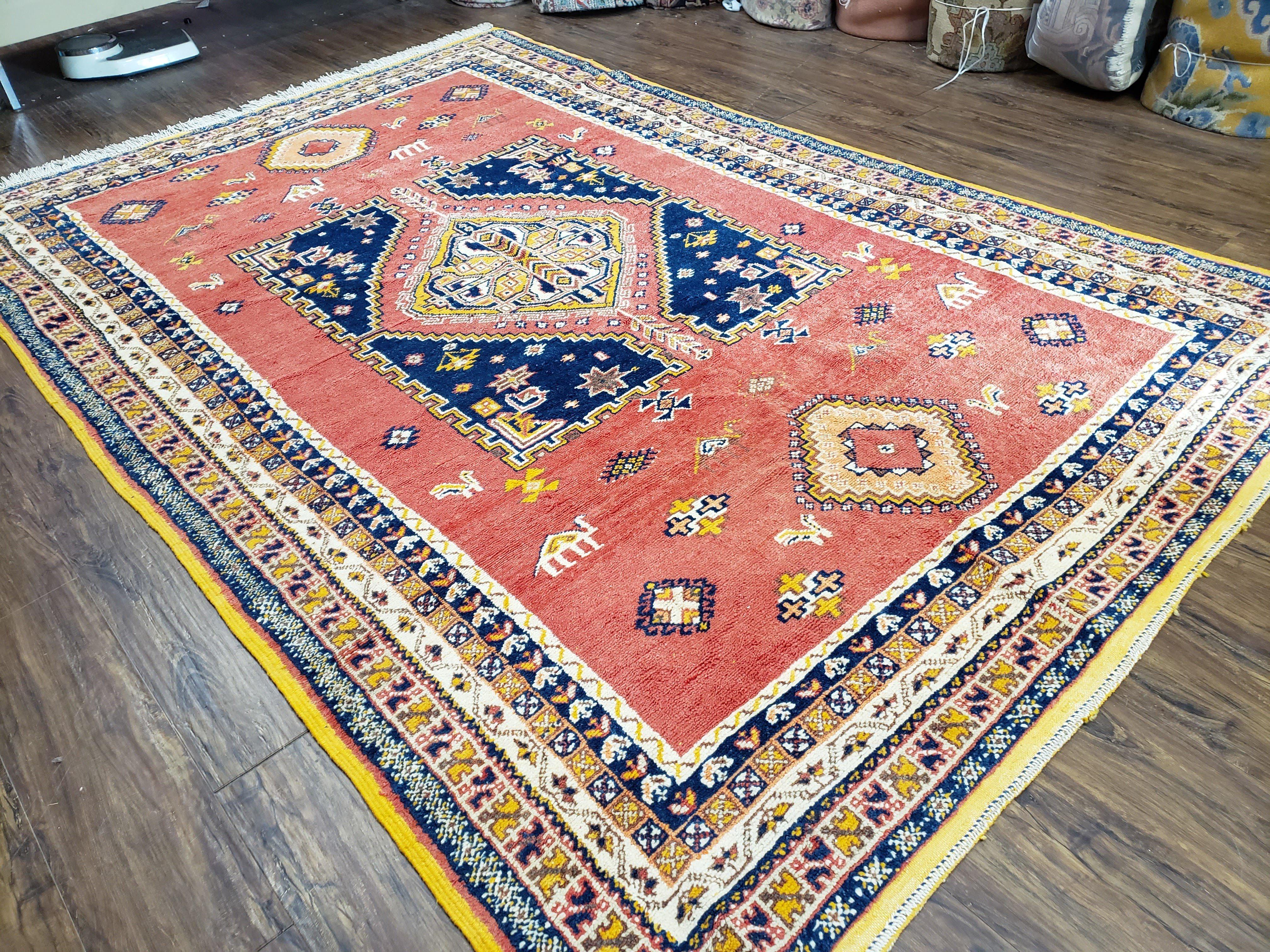 Vintage Moroccan Rug 6.6 x 9.8 ft, Tribal Bohemian Wool Hand-Knotted Carpet, 1950s Moroccan Rug, Salmon Red and Navy Blue, Room Sized Rug - Jewel Rugs