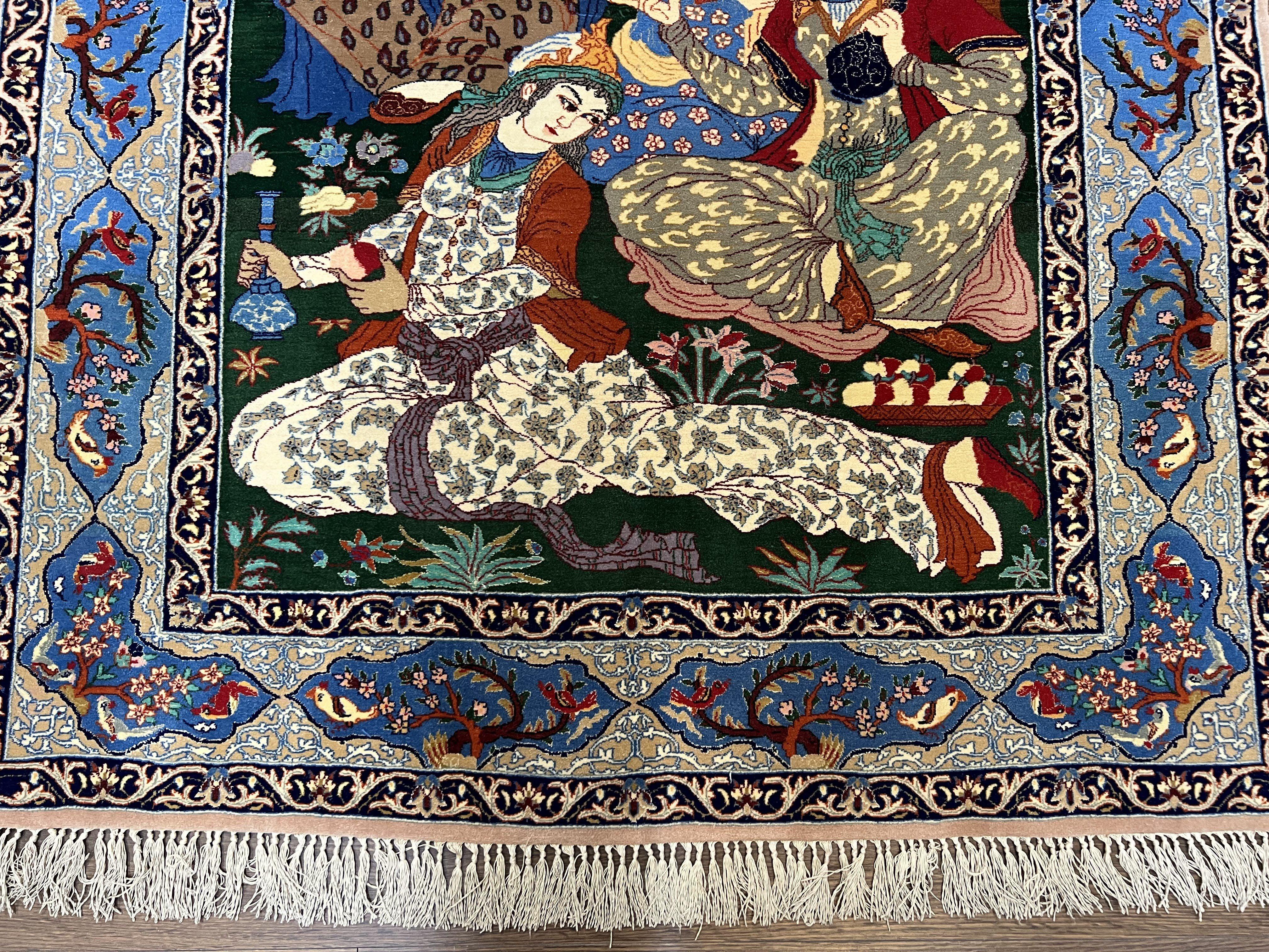 Fine Persian Isfahan Pictorial Rug 3.7 x 5, Kork Wool on Silk Foundation, Blue Persian Carpet, Hand Knotted, Humans Birds, High KPSI, Semi Antique - Jewel Rugs