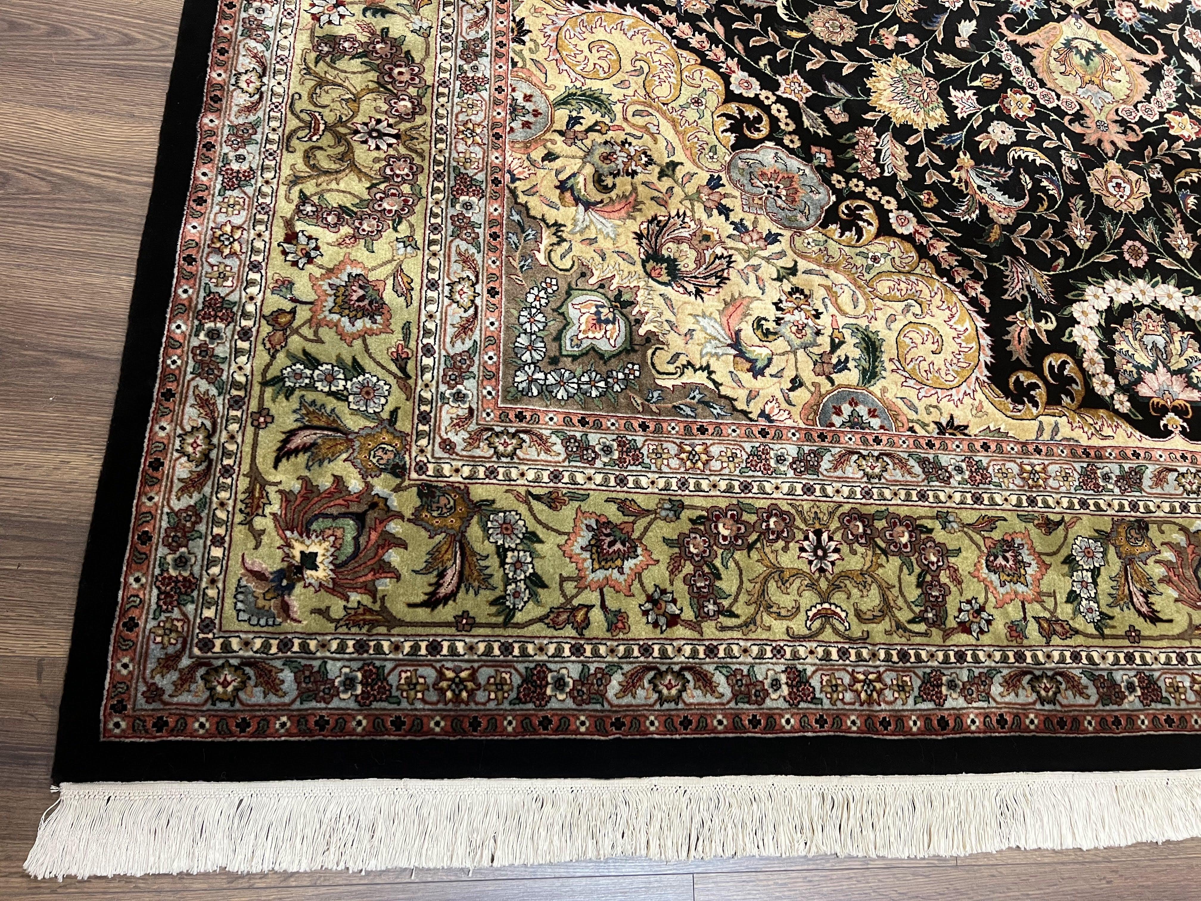 Stunning Sino Persian Rug 8x10, Elegant High Quality Handmade Wool Vintage Oriental Carpet, Medallion with Corner Design, Floral, Black Tan - Jewel Rugs