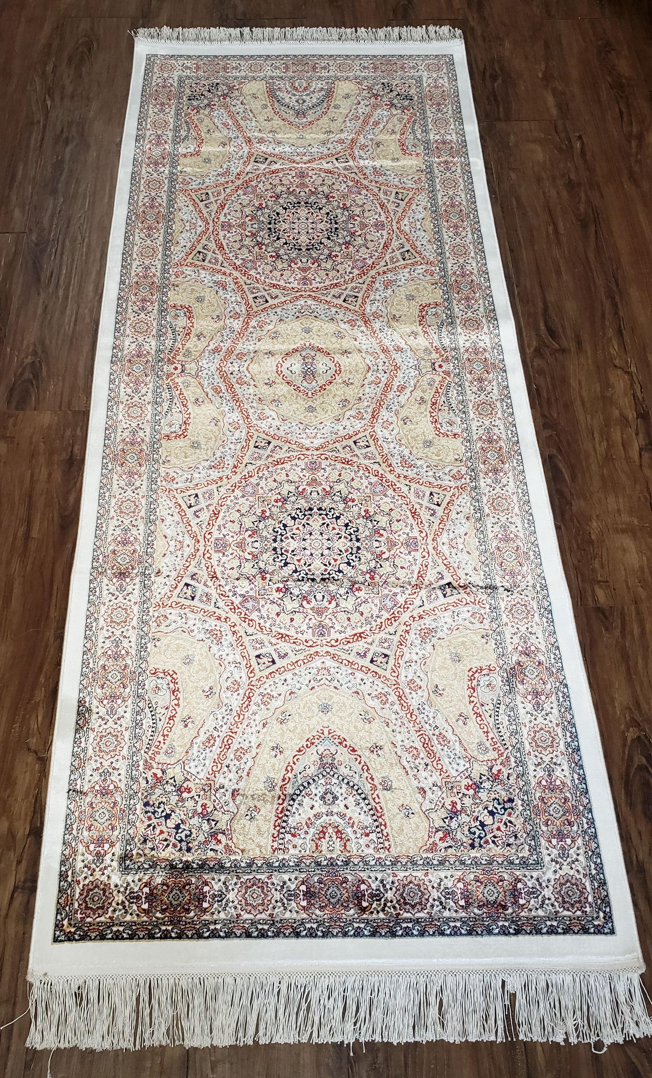 Silk Runner Rug, 2' 8" x 6' 7", Persian Design, New, Bamboo Silk, Turkish Carpet, Dark Beige & Cream, Domes, Traditional Rug - Jewel Rugs