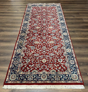 Vintage Indo Persian Runner Rug 4x10, Wool Hand-Knotted Oriental Carpet, Red Dark Blue Indian Rug, Allover Floral, Hallway Rug, Traditional - Jewel Rugs