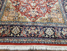 Vintage Indo Persian Oriental Rug 6 x 9.6, Wool Hand-Knotted Red Dark Blue & Gold Indian Carpet, 6 x 9 Office Room Rug, Floral Medallion - Jewel Rugs