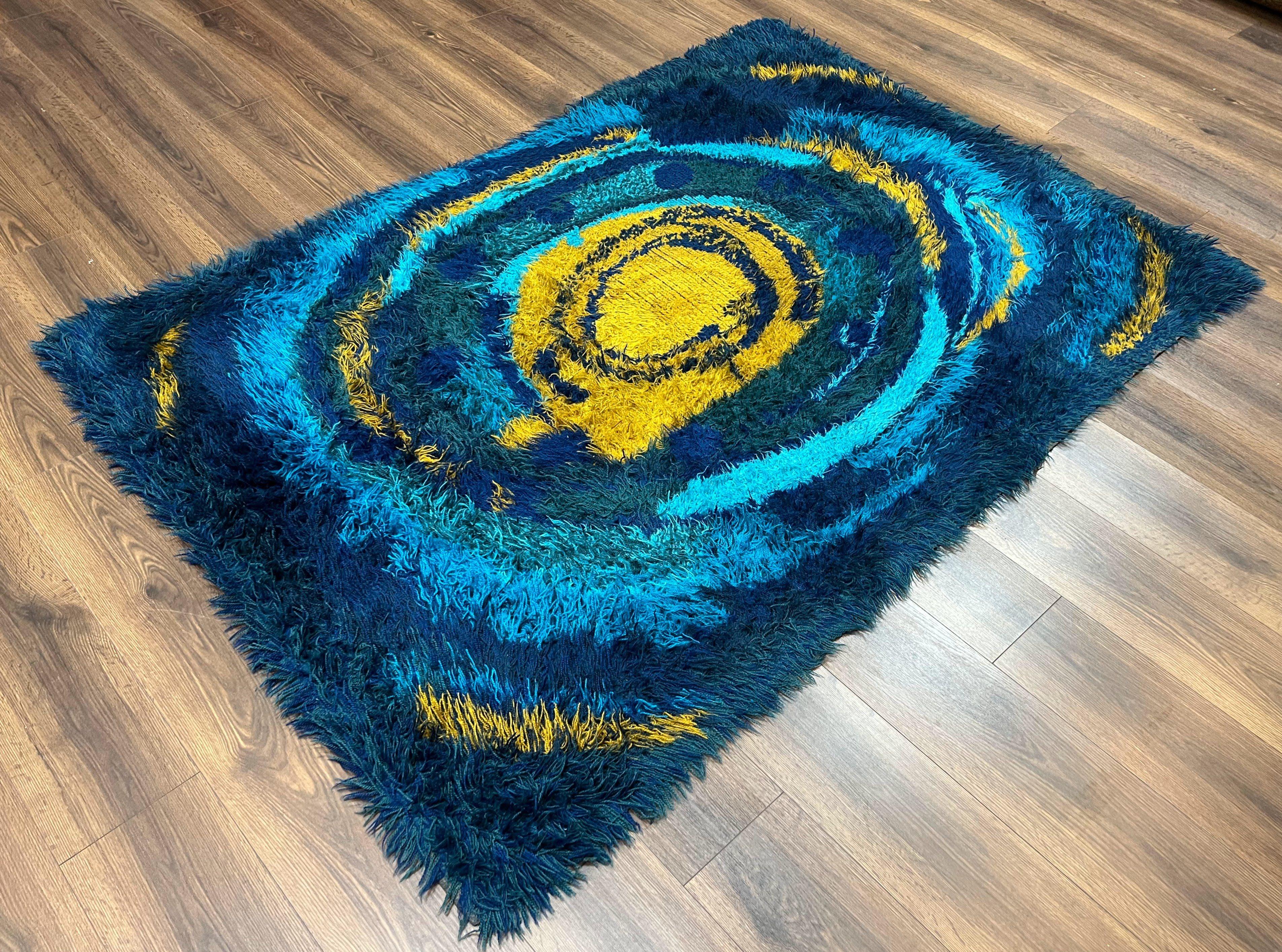 Mid Century Rya Danish Shag Rug 4.7 x 6.8, Multicolor Blues and Gold, Vintage Retro 1960s Shag Rug, Unique Carpet, Vintage Area Rug - Jewel Rugs