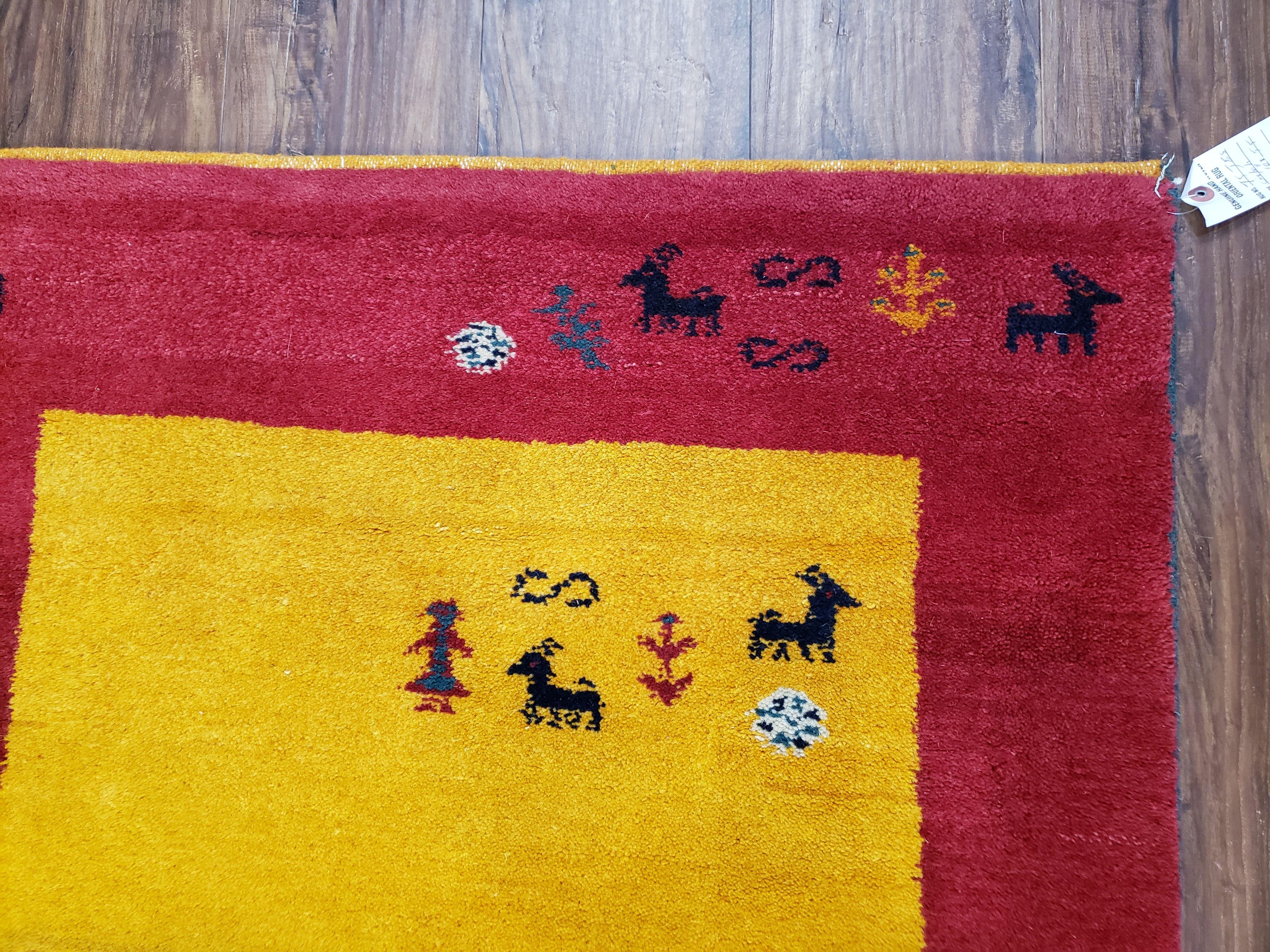 3' X 5' 5" Handmade Indo Gabbeh Wool Rug Animal Subjects Tomato Red - Jewel Rugs