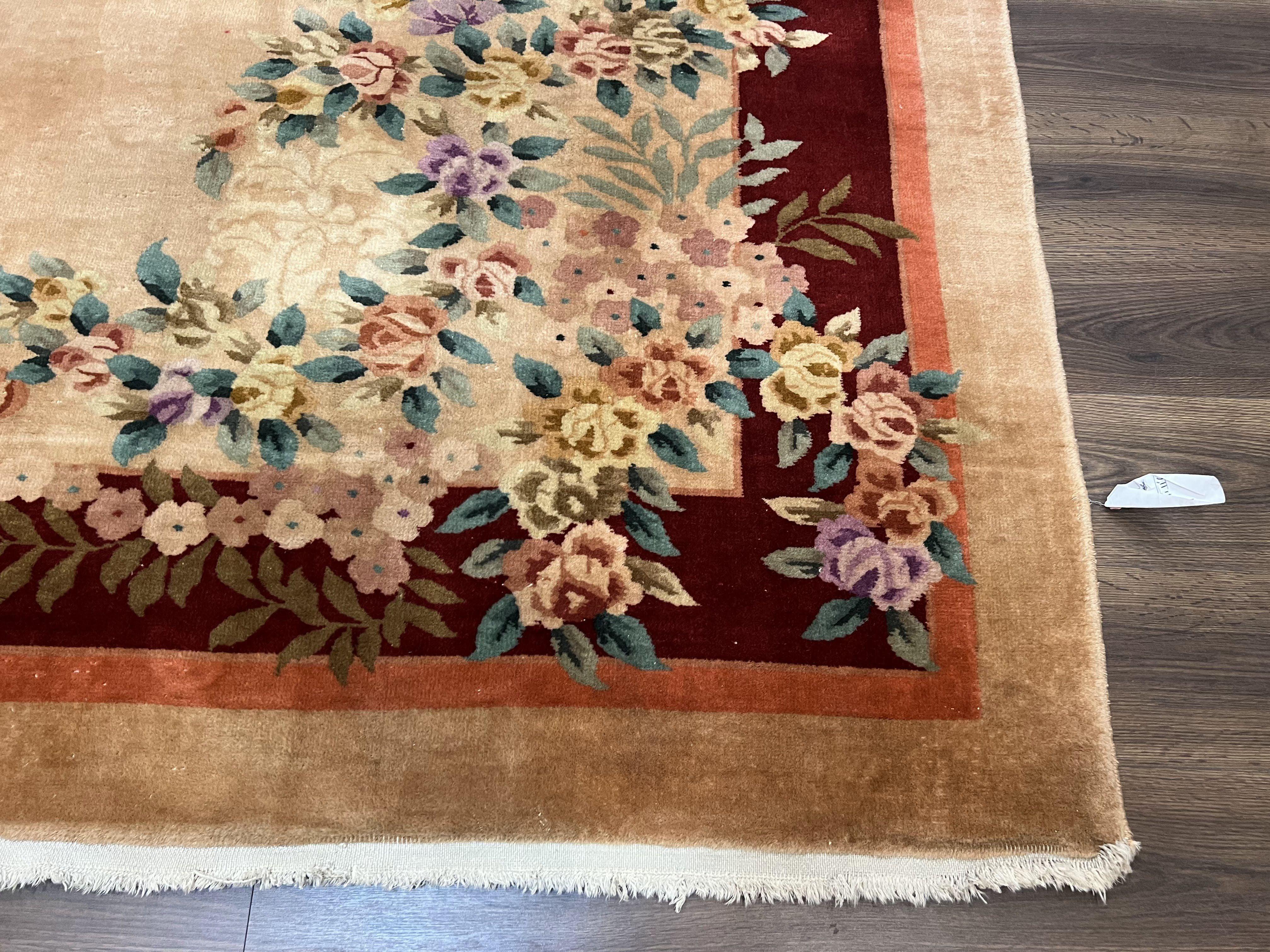 Chinese Art Deco Rug 9x12, Simple Design, Vintage Antique Asian Oriental Carpet, Handmade Wool Rug, Apricot and Maroon, Floral, 1950s Rug - Jewel Rugs