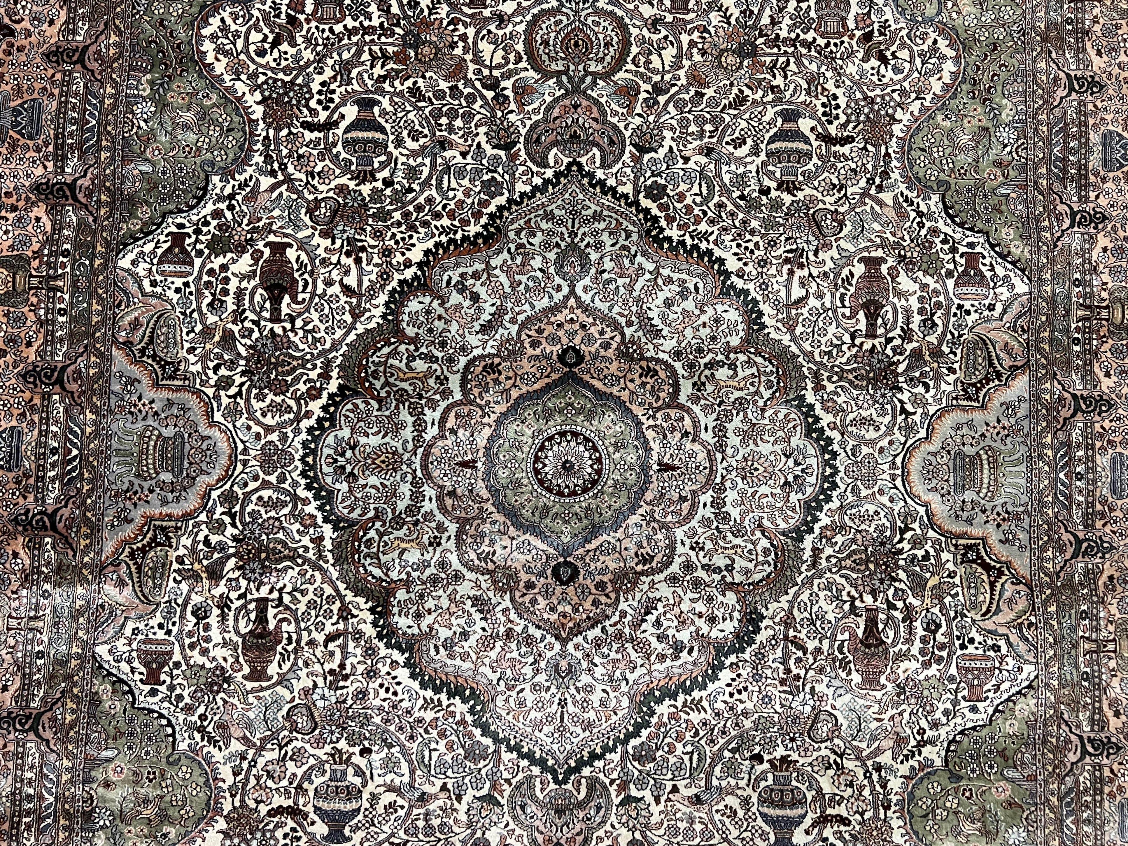 Very Fine Sino Persian Silk Rug 4x6, Floral Medallion, Hand Knotted, Silk Pile on Silk Foundation, Ivory, Vintage Handmade Oriental Carpet - Jewel Rugs