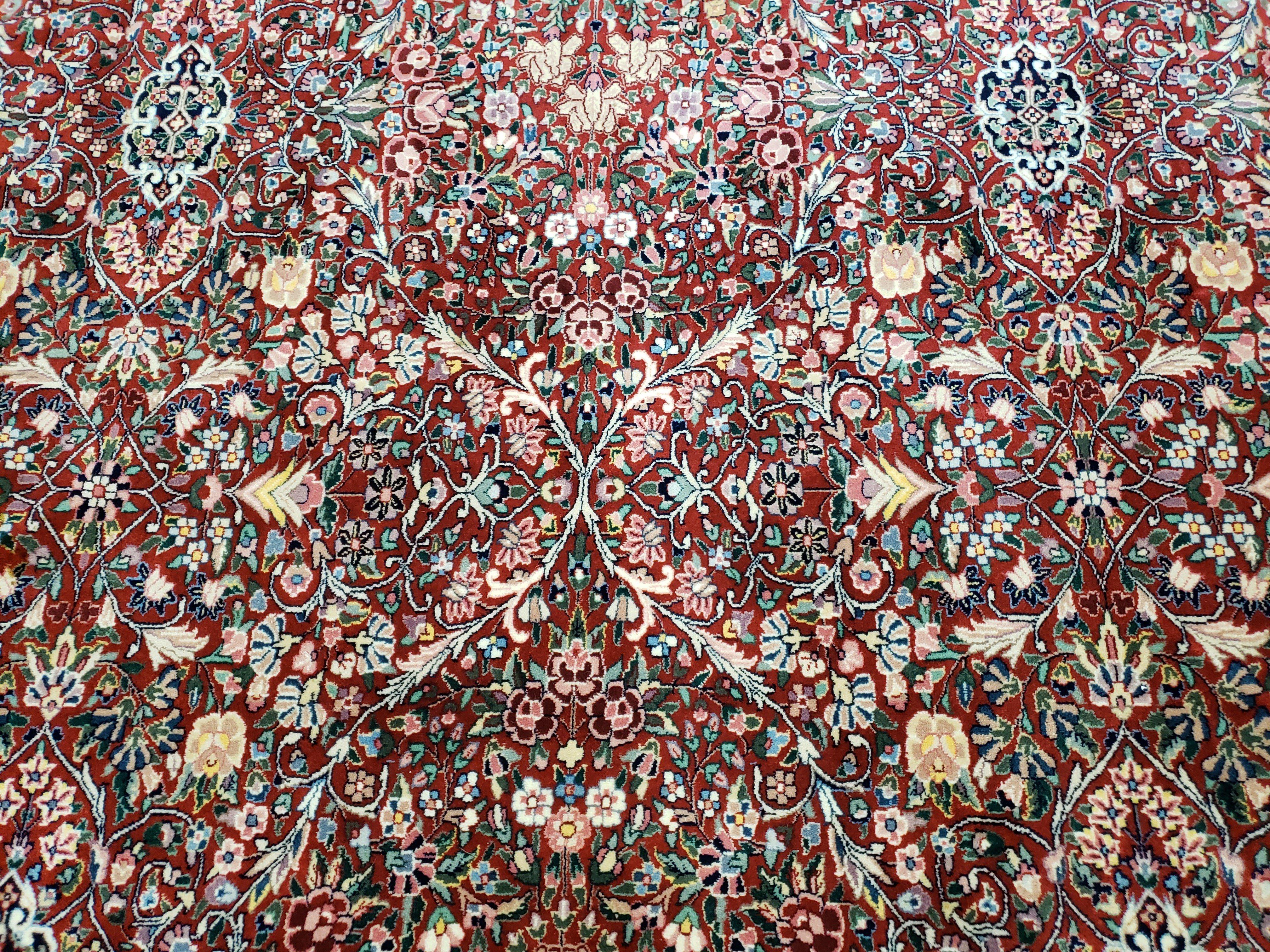 Oversized Pak Persian Rug 11x15, Large Wool Palace Carpet, Red and Ivory, Millefleur Allover Floral Pattern, Vintage Handmade Oriental Rug - Jewel Rugs