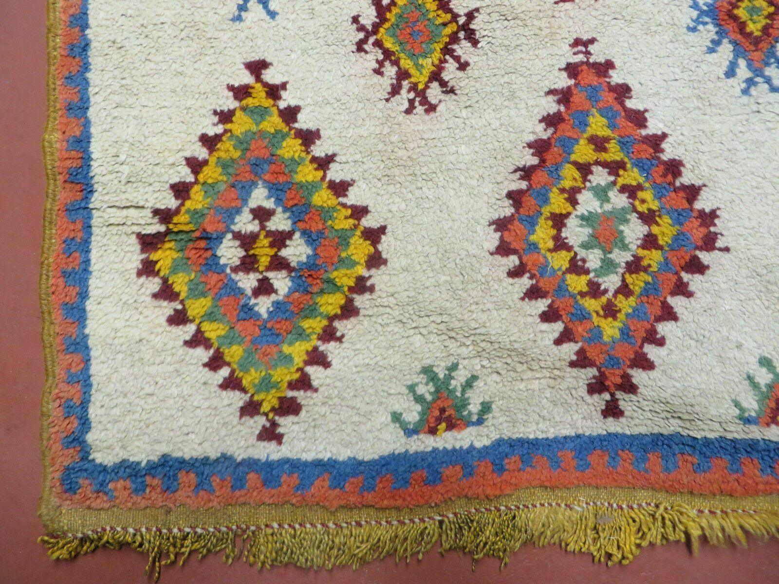 Moroccan Wide Runner Rug 3' 6" x 9', Vintage Azilal Berber Carpet Tribal Runner, Colorful Diamonds Ivory Orange Yellow, Soft Wool Handmade - Jewel Rugs