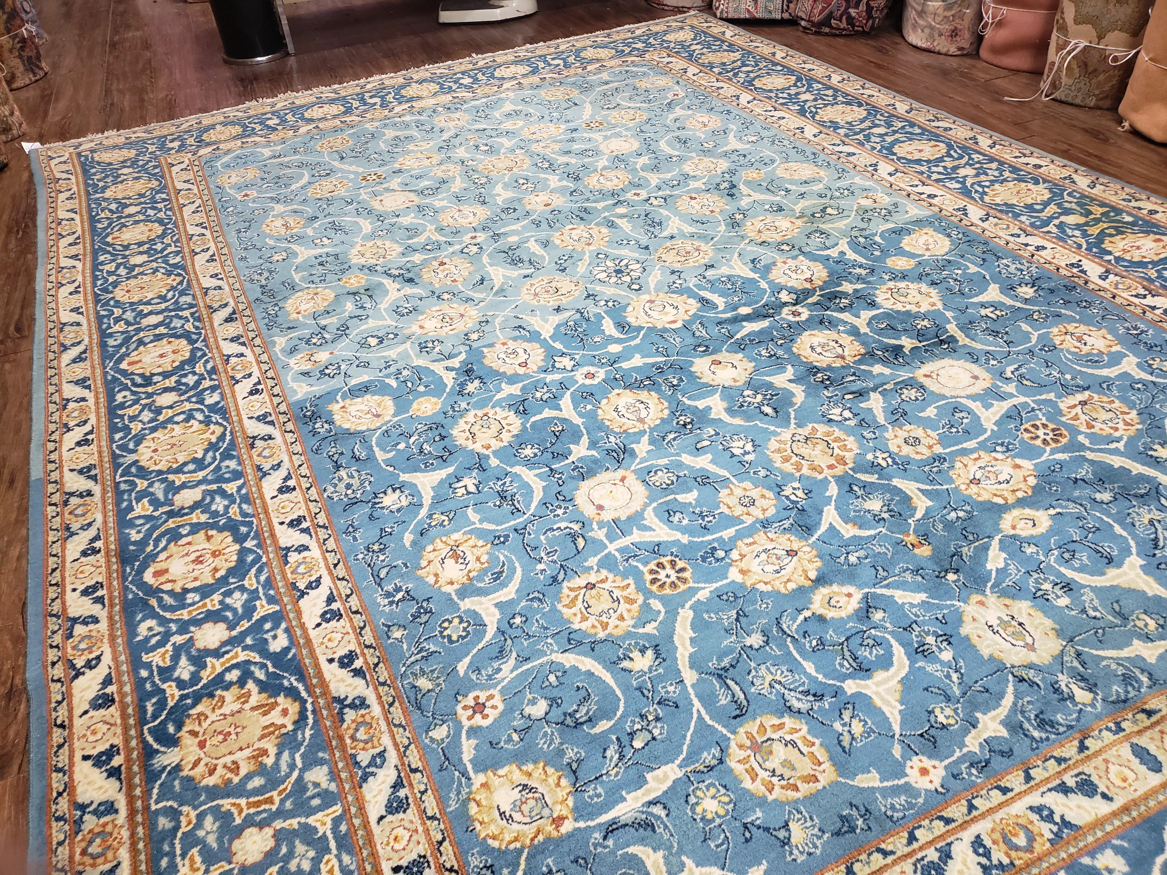 Semi Antique Persian Kashan Rug, Afshan Design, Blue and Ivory, Hand-Knotted, Wool, 8'9" x 12' 6" - Jewel Rugs