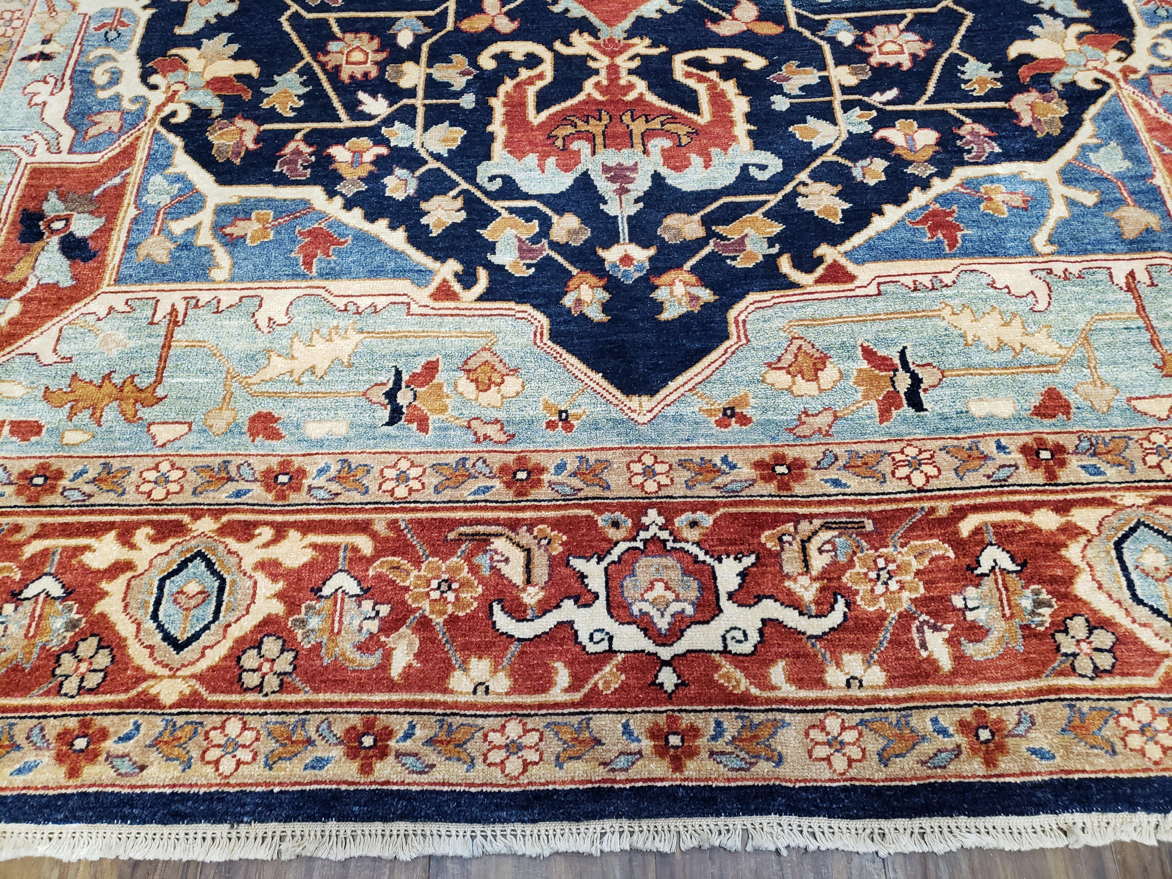 Safavieh Samarkand Heriz Rug 8x9 ft, Colorful Serapi Room Sized Hand-Knotted Wool Carpet, Tribal Rug, Vintage Oriental Rug, Navy Blue & Red - Jewel Rugs