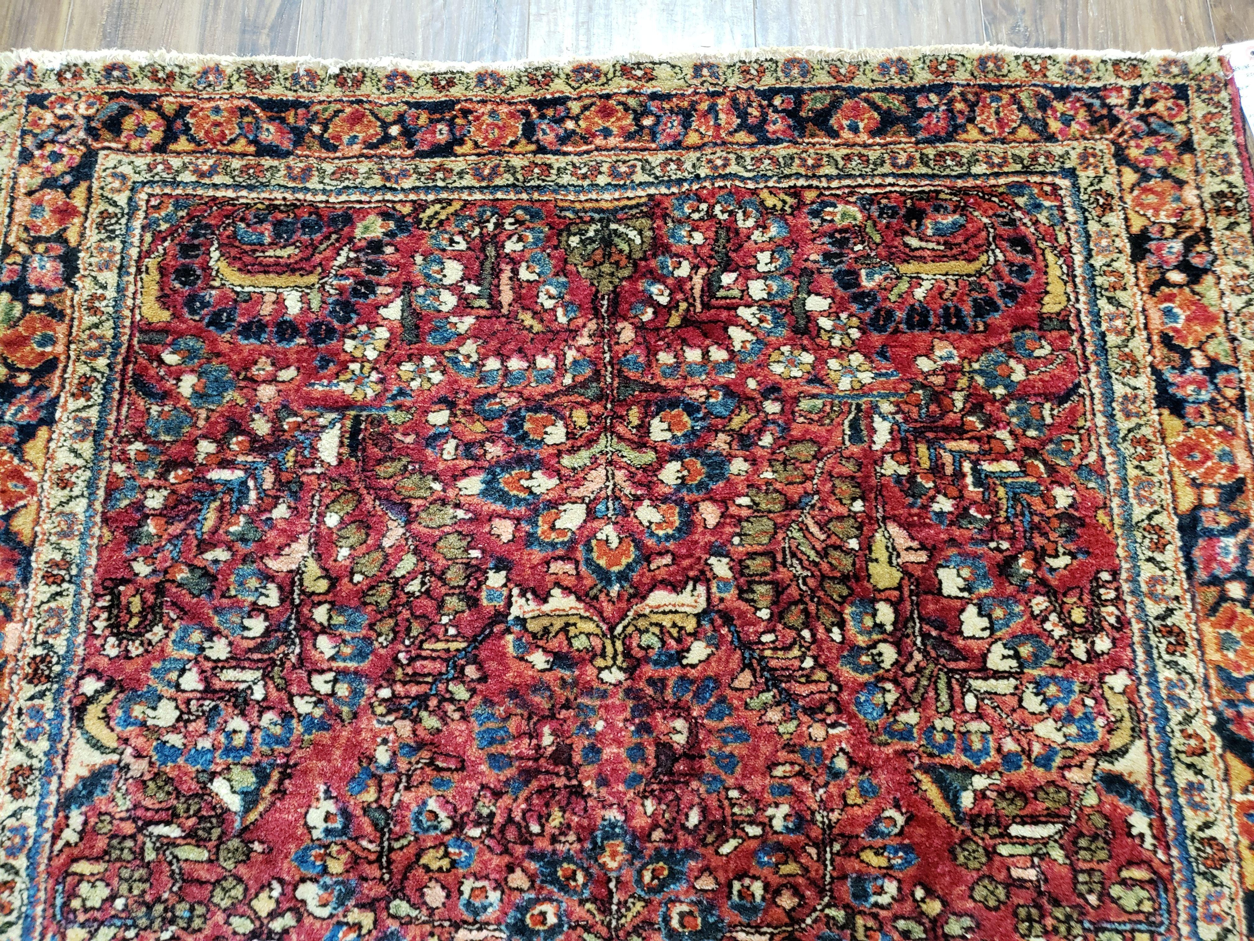 Antique Persian Sarouk Rug, Red, Allover Floral Pattern, Hand-Knotted, Wool, 3'4" x 4'10" - Jewel Rugs