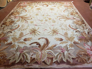 7' 7" x 9' 8" Needlepoint Rug Floral Beige Flat Weave Carpet 8x10 Handmade New Area Rug - Jewel Rugs
