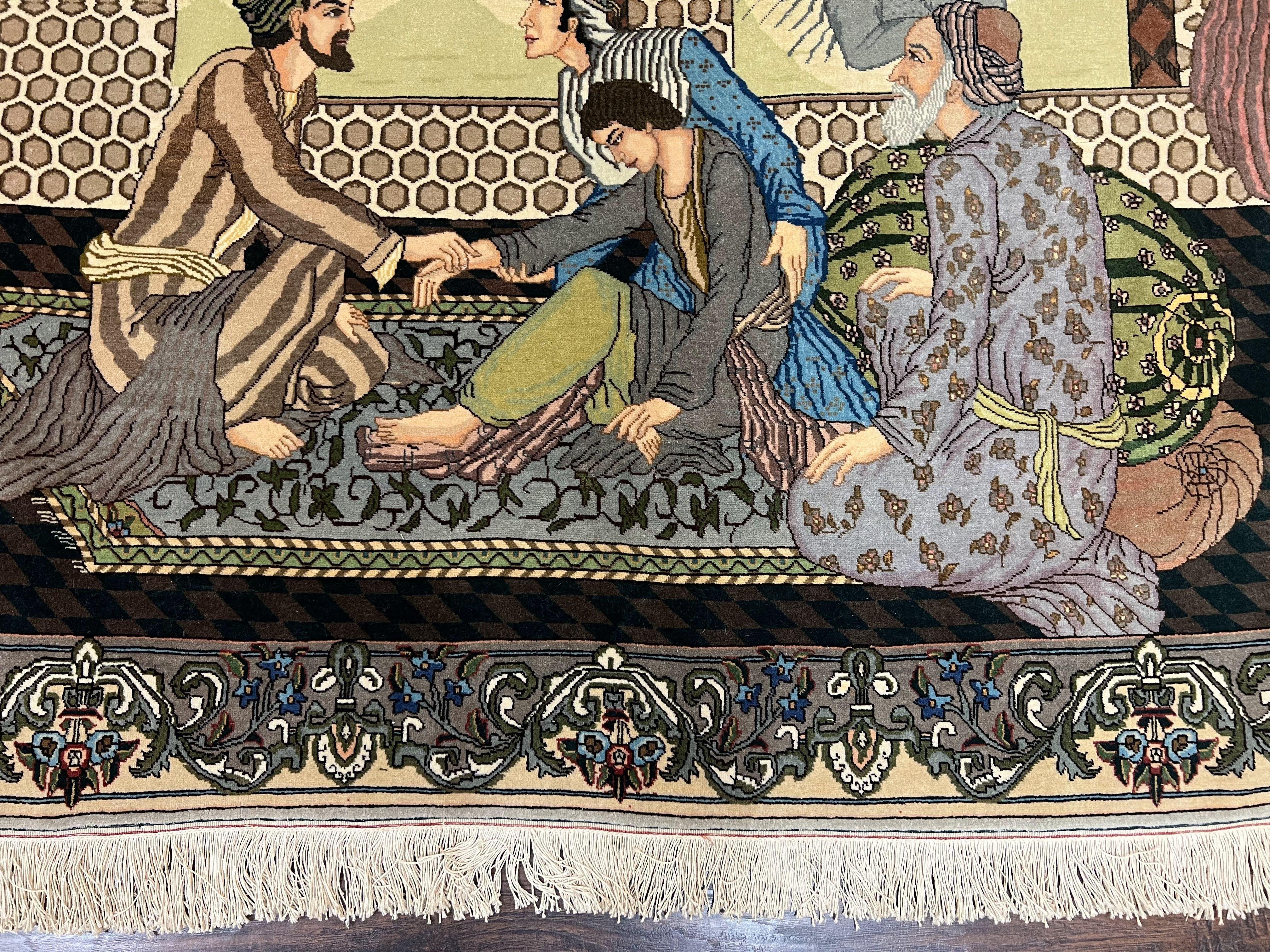 Persian Tabriz Pictorial Rug 4.8 x 3.8, Horizontal Oriental Carpet for Hanging on Wall, Hand Knotted Wool Vintage Fine Carpet, Doctor and Patients - Jewel Rugs