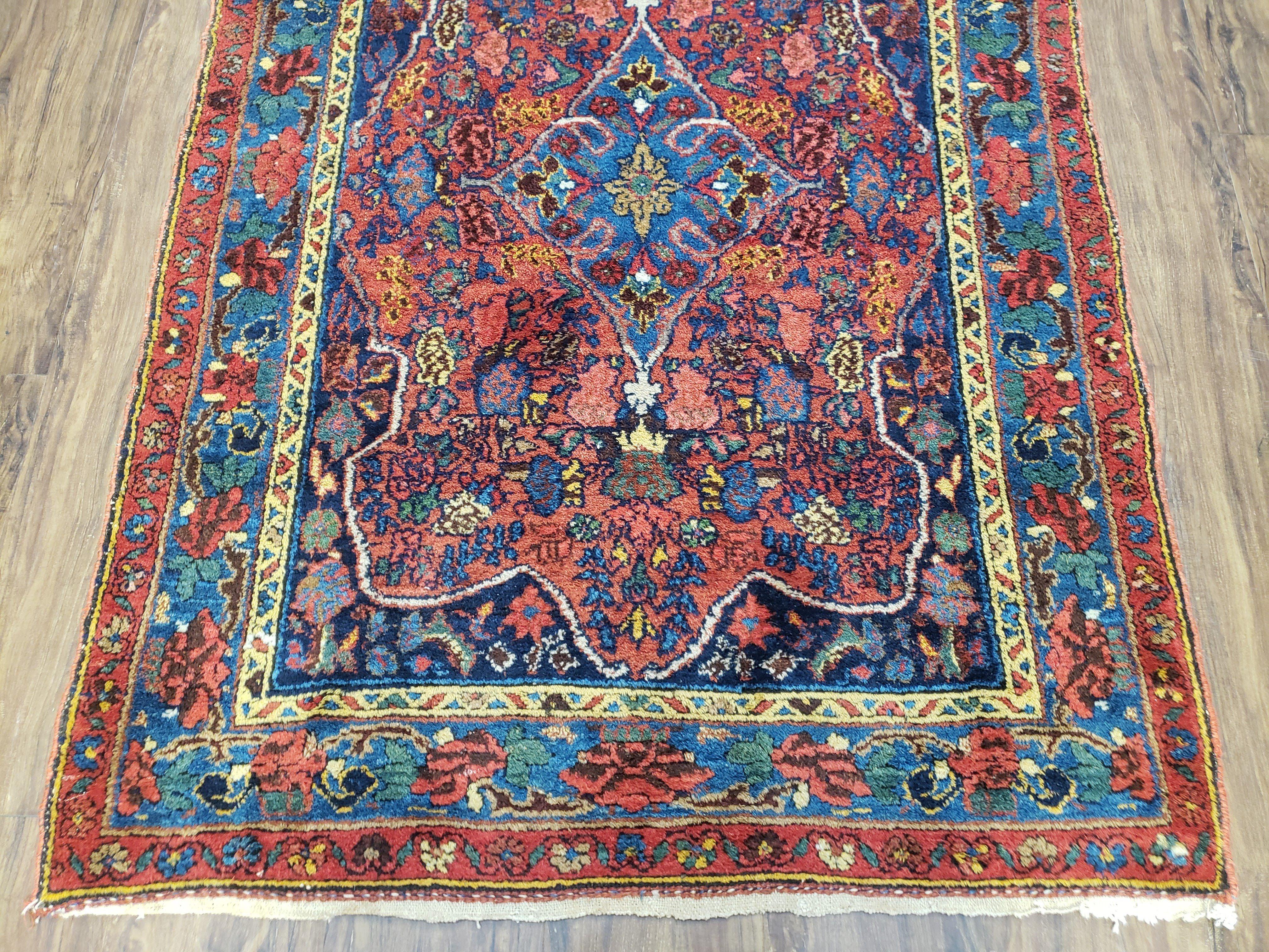 Antique Persian Bijar Rug, Red and Blue, Hand-Knotted, Wool, 3'8" x 5' 4" - Jewel Rugs