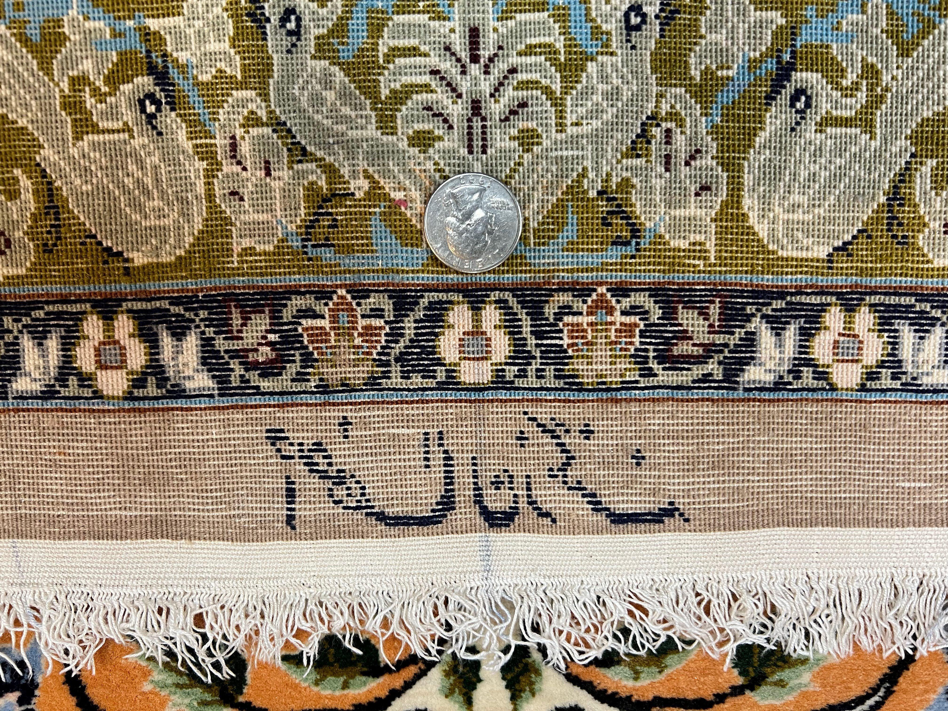 Very Fine Small Persian Isfahan Rug 2.6 x 4, Kork Wool on Silk Hand-Knotted Vintage Animal Pictorials Birds Vase, Signature Masterweaver, Orange - Jewel Rugs