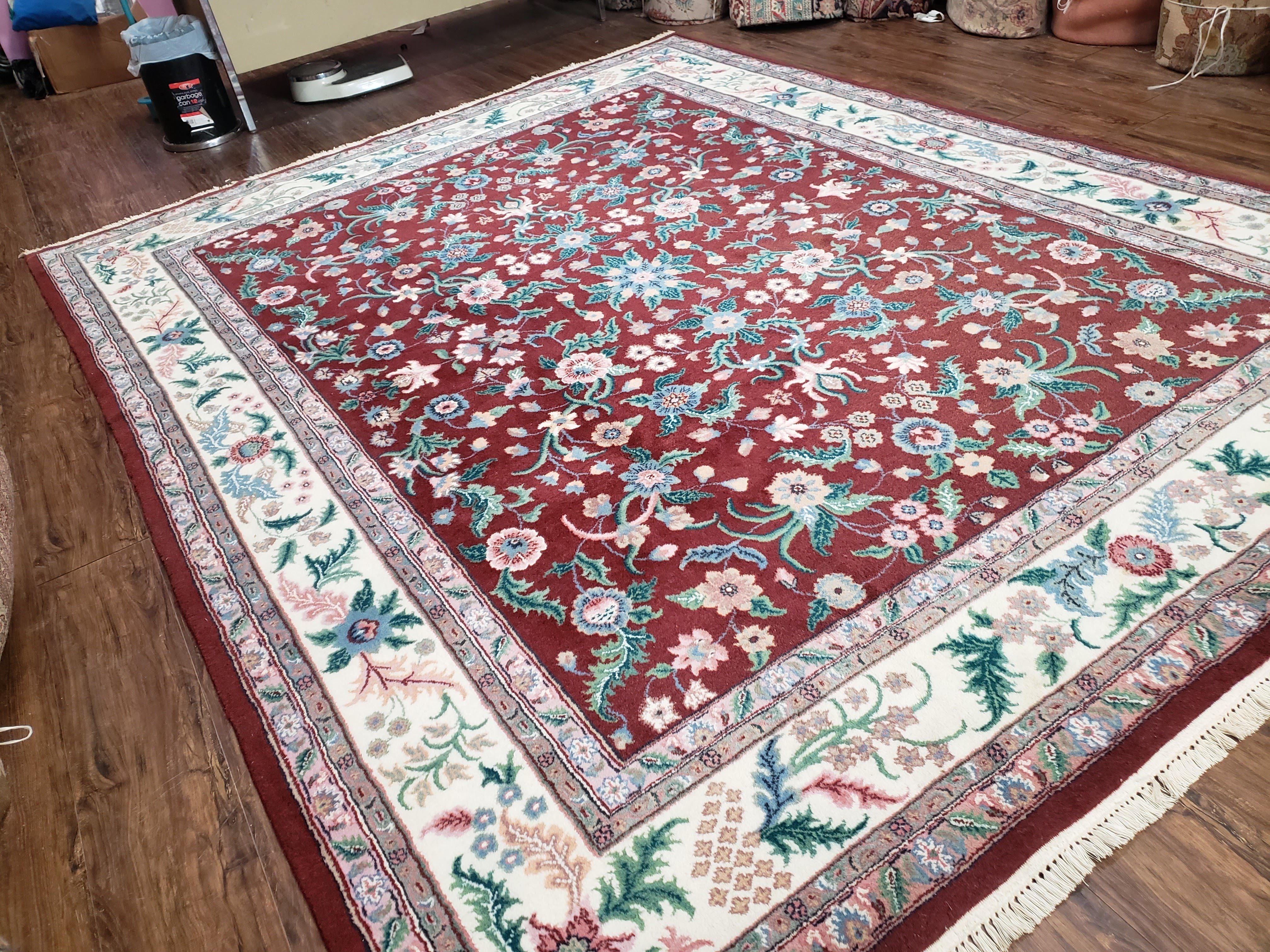 Indo Persian Rug 7.9 x 9.9 ft, Room Sized Indian Carpet, Wool Handmade Vintage Rug, Allover Floral Rug, Traditional Rug, Red Ivory Blue 8x10 - Jewel Rugs