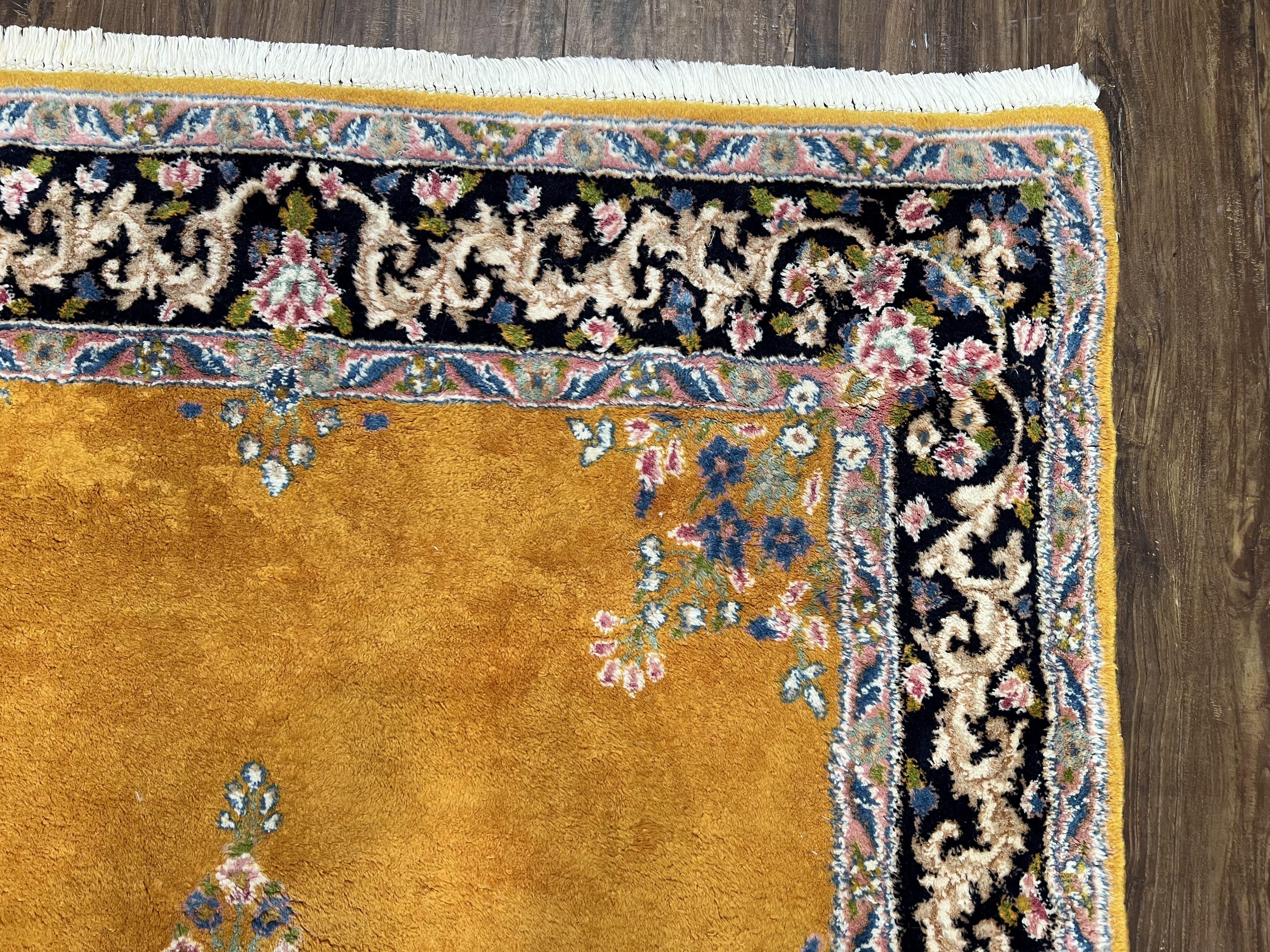 Vintage Persian Kirman Rug 4x7, Unique Colors, Mustard and Black Rug, Open Field with Central Medallion, Wool Oriental Rug, Persian Carpet Handmade - Jewel Rugs