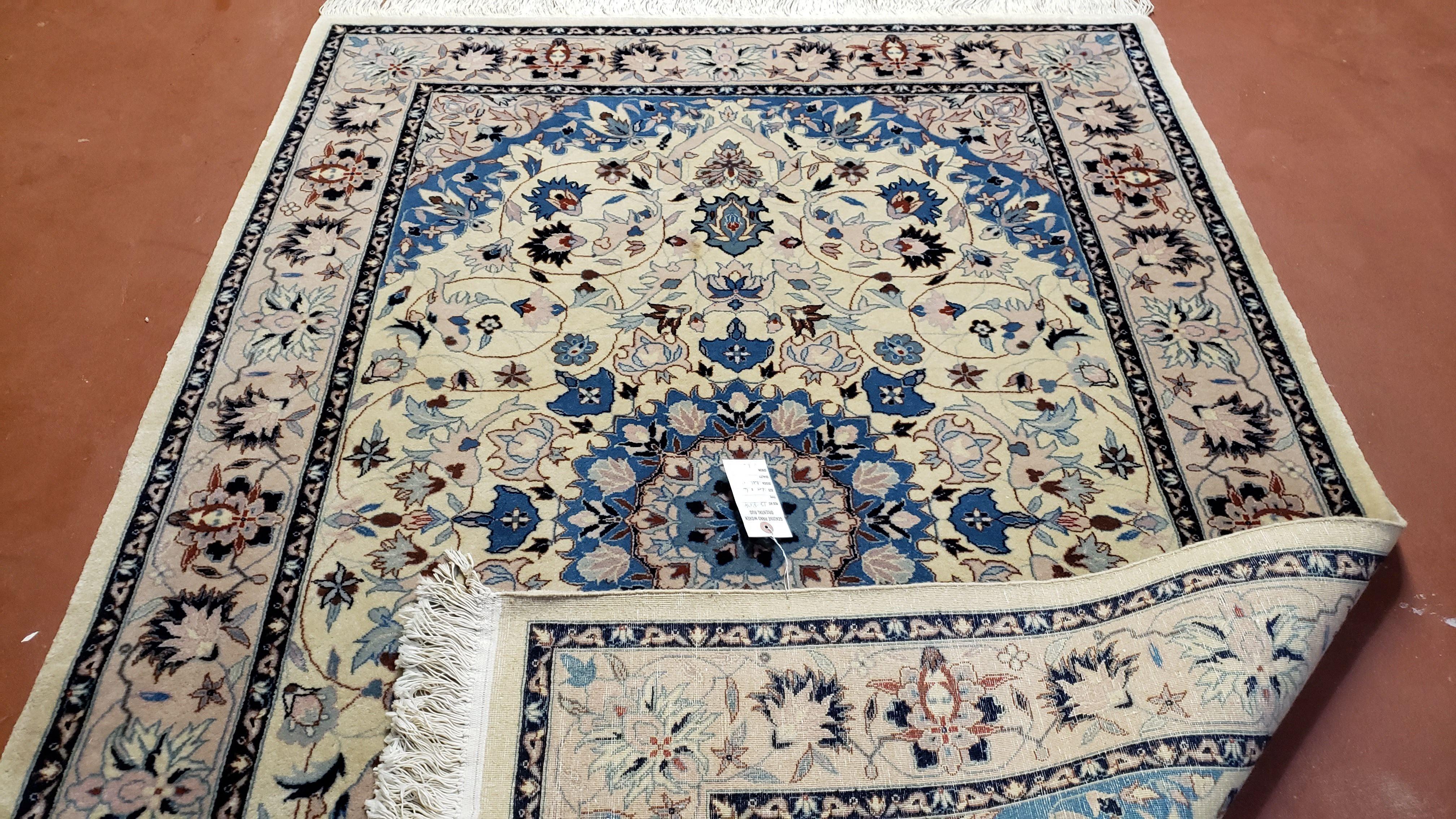 4x6 Ivory and Blue Chinese Rug Persian Design Hand-Knotted Oriental Carpet Wool Vintage Area Rug Central Medallion Entryway Rug Foyer Rug - Jewel Rugs