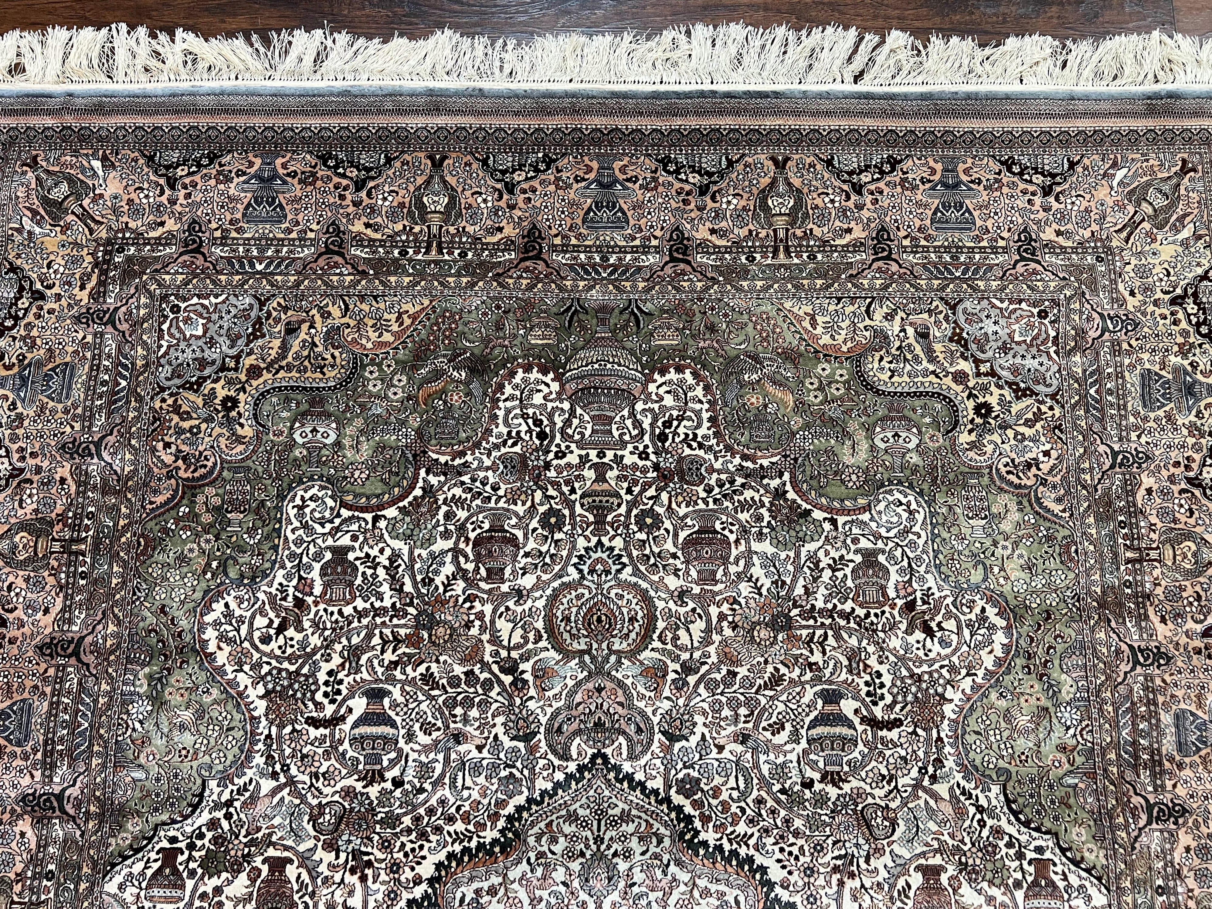 Very Fine Sino Persian Silk Rug 4x6, Floral Medallion, Hand Knotted, Silk Pile on Silk Foundation, Ivory, Vintage Handmade Oriental Carpet - Jewel Rugs