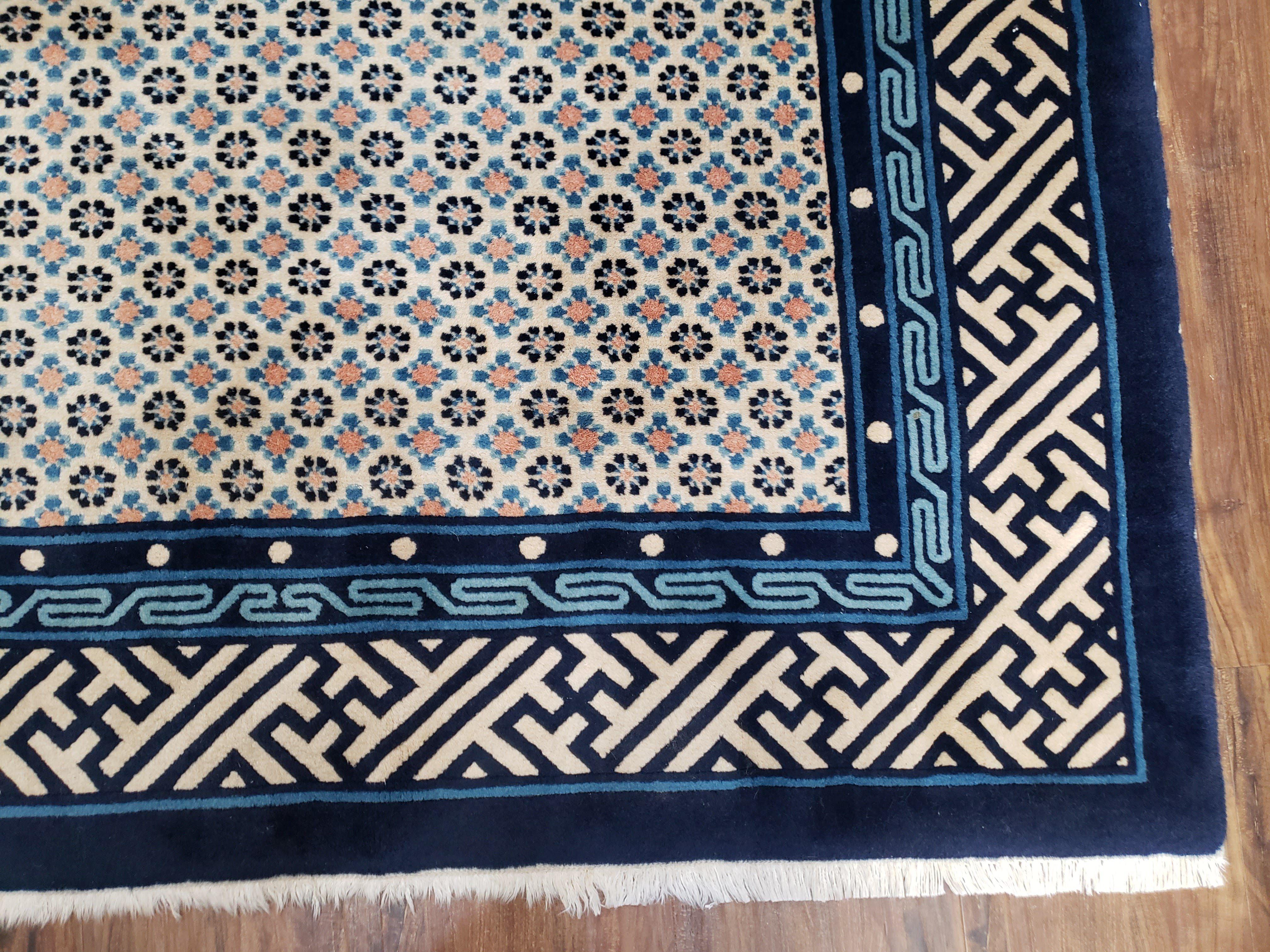 Vintage Chinese Peking Area Rug 4x6, Wool Hand-Knotte, Dark Blue Ivory Chinese Art Deco Carpet, 4 x 6 Foyer Room Asian Oriental Rug, 6x4 Rug - Jewel Rugs