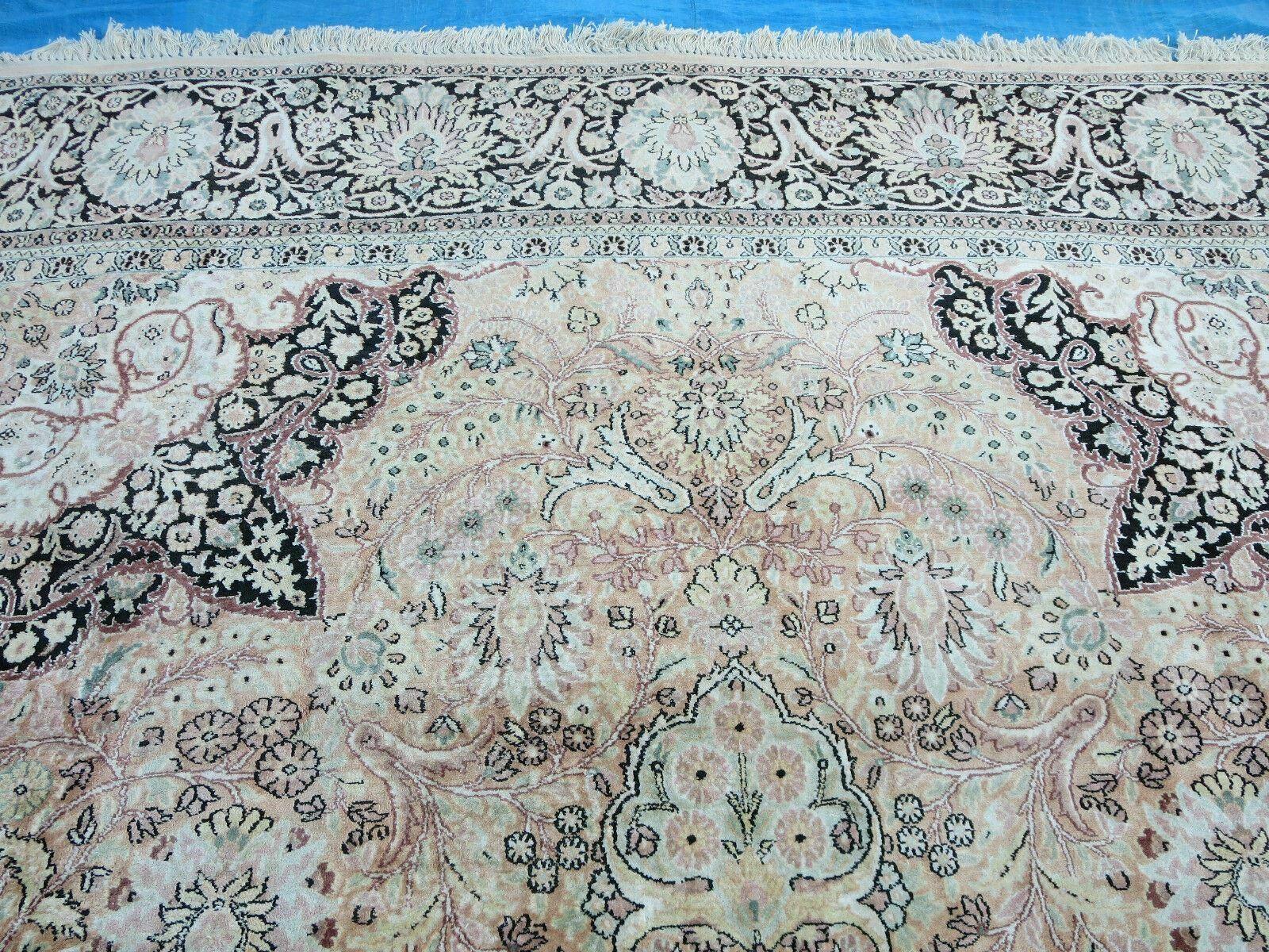 10x14 Large Silk Oriental Rug, Vintage Hand-Knotted Indian Kashmiri Silk Rug, Neutral Colors, High Quality, Great Condition, All Silk Carpet - Jewel Rugs