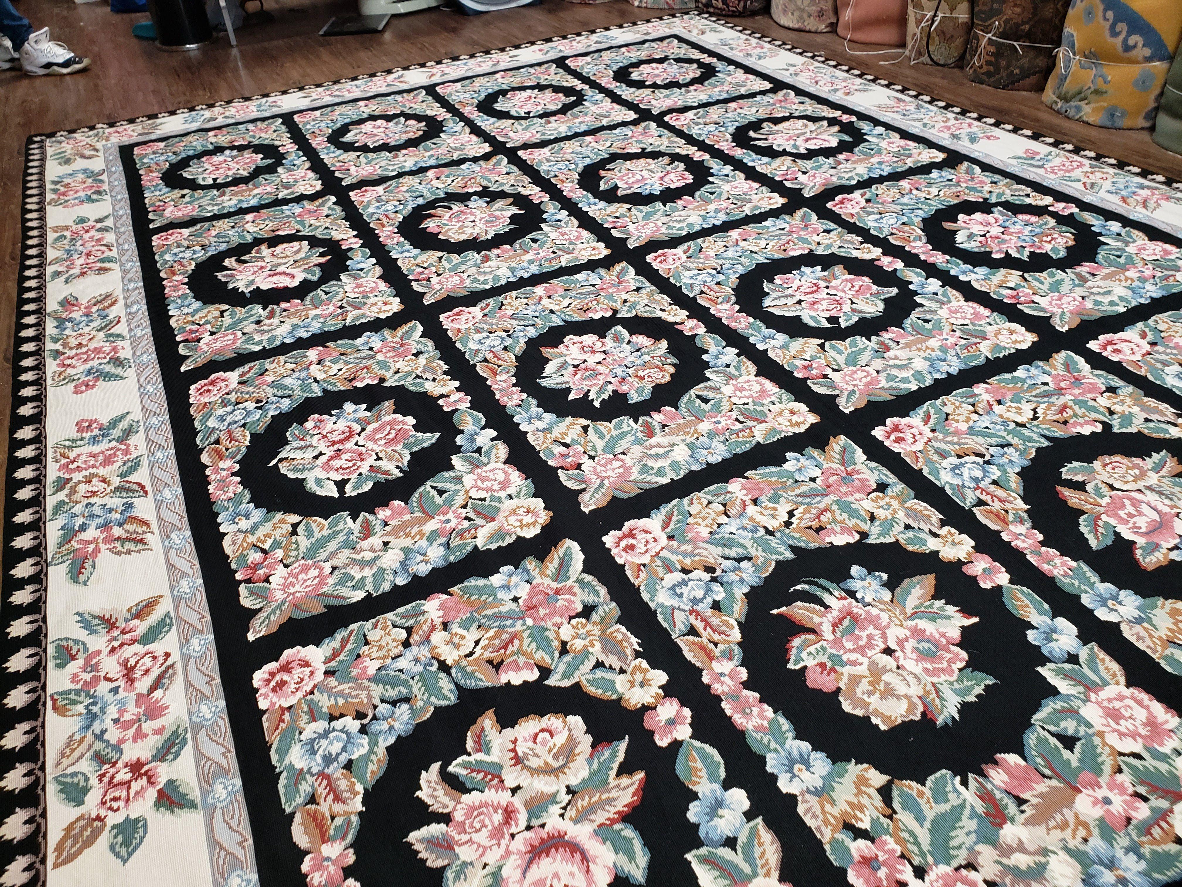 Floral Needlepoint Rug 9.5 x 13.6, Floral Panel Design, Black and Ivory Flatweave Aubusson Carpet, Multicolor - Jewel Rugs
