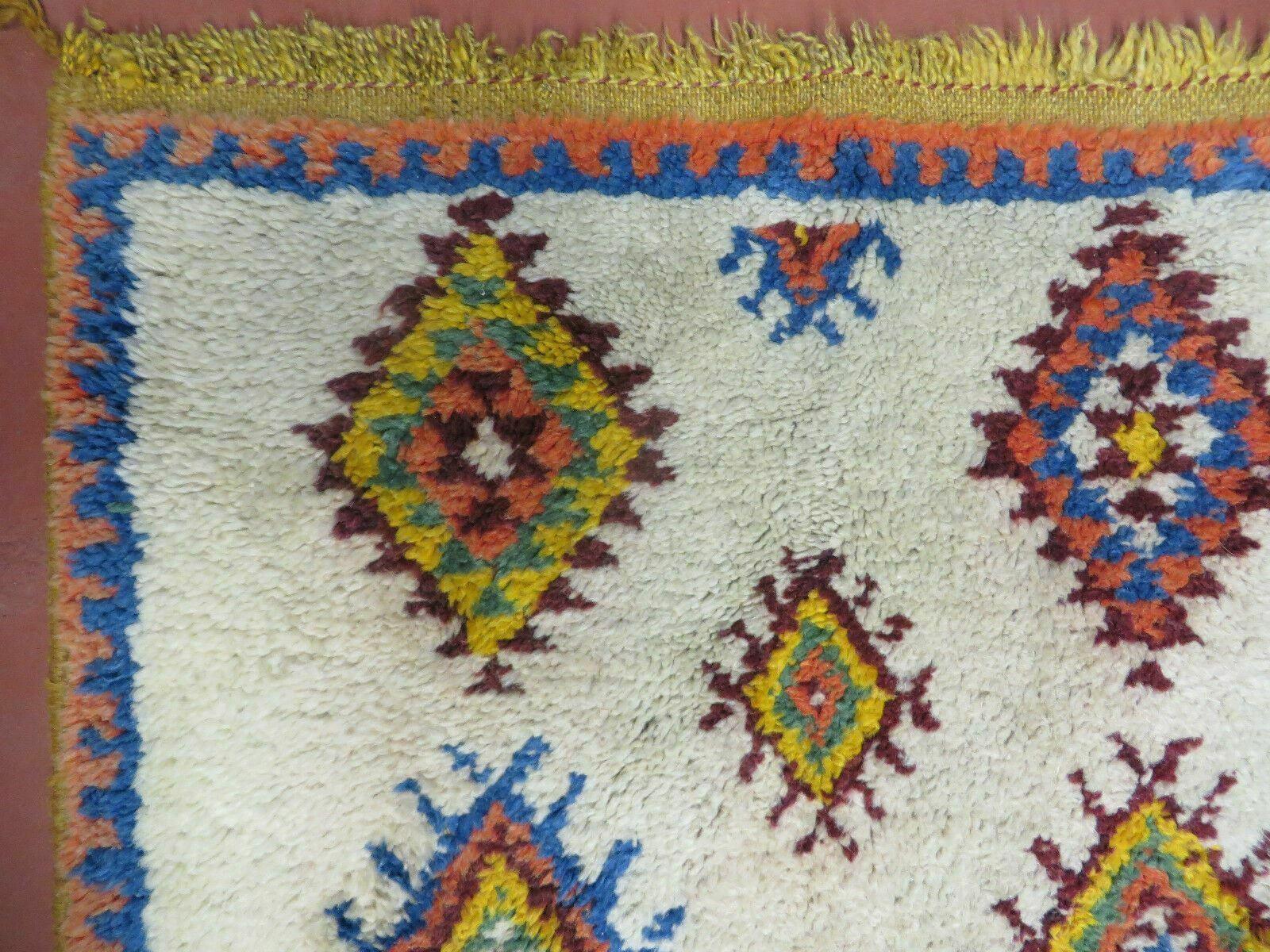 Moroccan Wide Runner Rug 3' 6" x 9', Vintage Azilal Berber Carpet Tribal Runner, Colorful Diamonds Ivory Orange Yellow, Soft Wool Handmade - Jewel Rugs