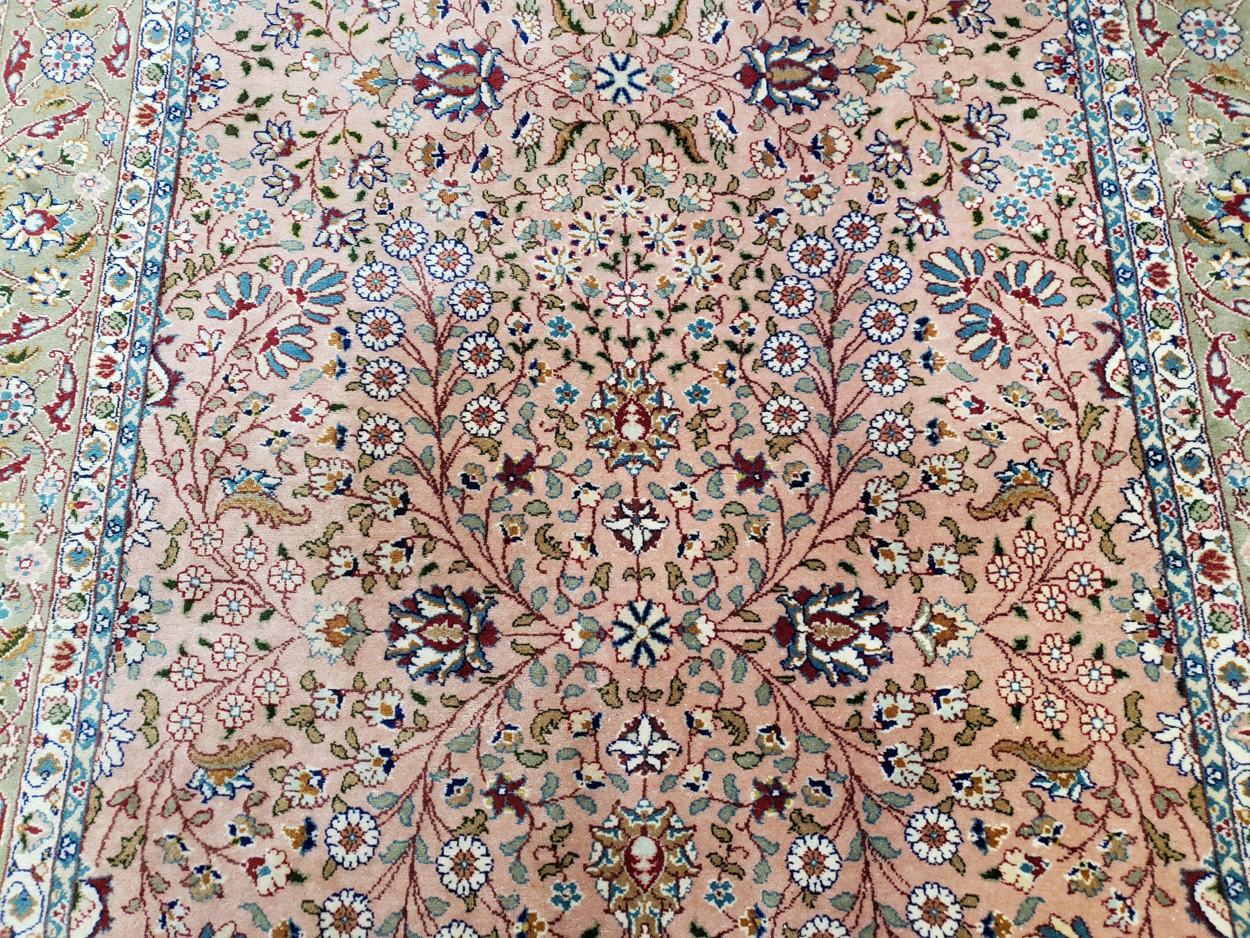 Turkish Hereke Rug 4x6, Wool on Cotton Turkish Hereke Carpet 4 x 6 ft, Handmade Hand Knotted Fine Oriental Rug, Light Coral Red and Green - Jewel Rugs