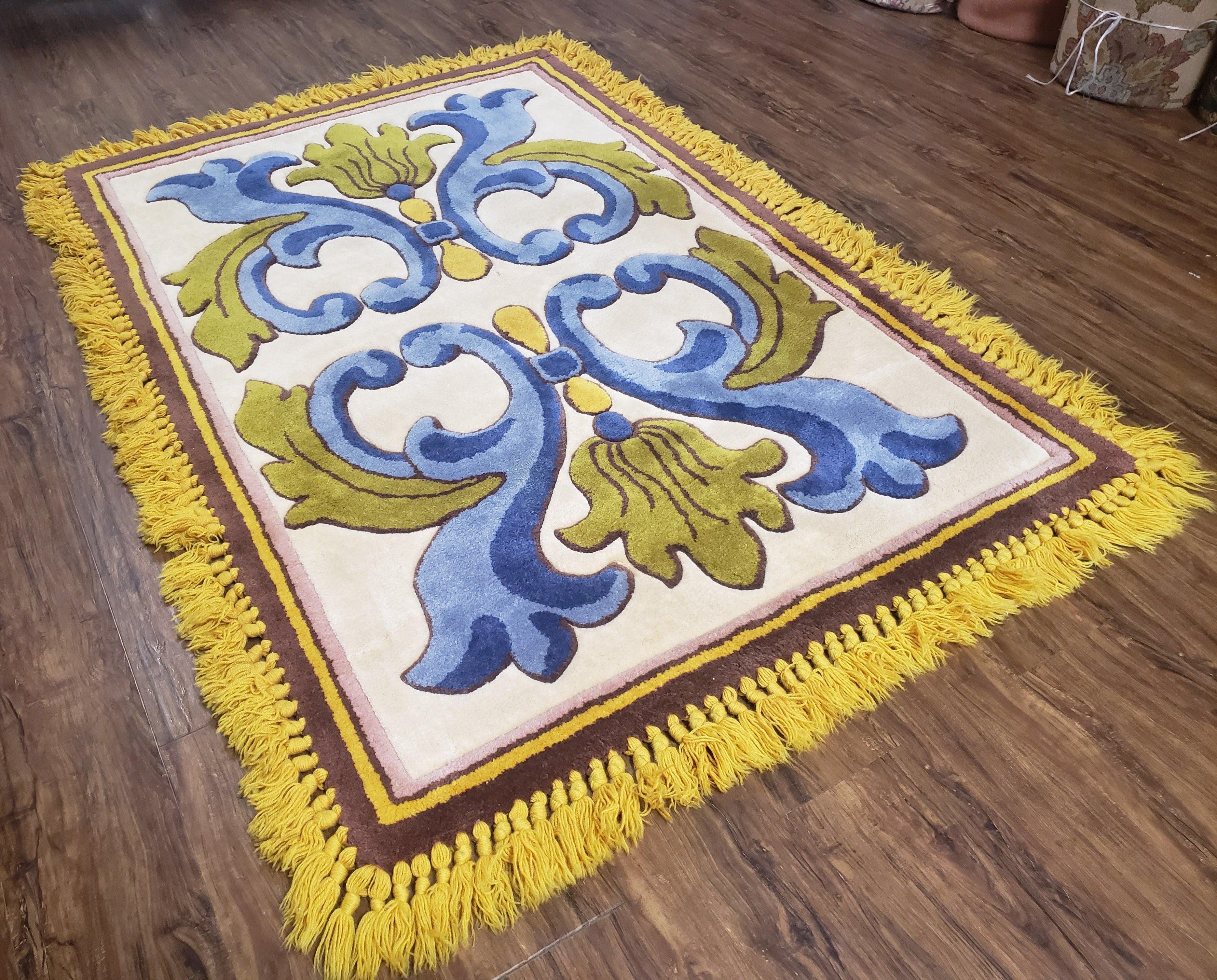 Vintage Edward Fields Area Rug 4x6, Wool Hand-Tufted Modern Abstract Rug, 4 x 6 Blue Ivory & Yellow Soft Kids Nursery Room Rug, Bedroom Rug - Jewel Rugs