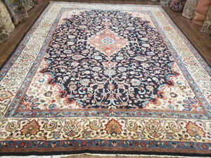 Semi Antique Persian Sarouk Rug, Dark Blue - Red - Beige, Hand-Knotted, Wool, 8'9" x 11'7" - Jewel Rugs