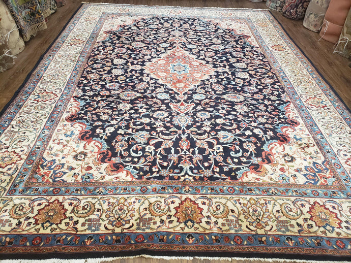 Semi Antique Persian Sarouk Rug, Dark Blue - Red - Beige, Hand-Knotted, Wool, 8'9