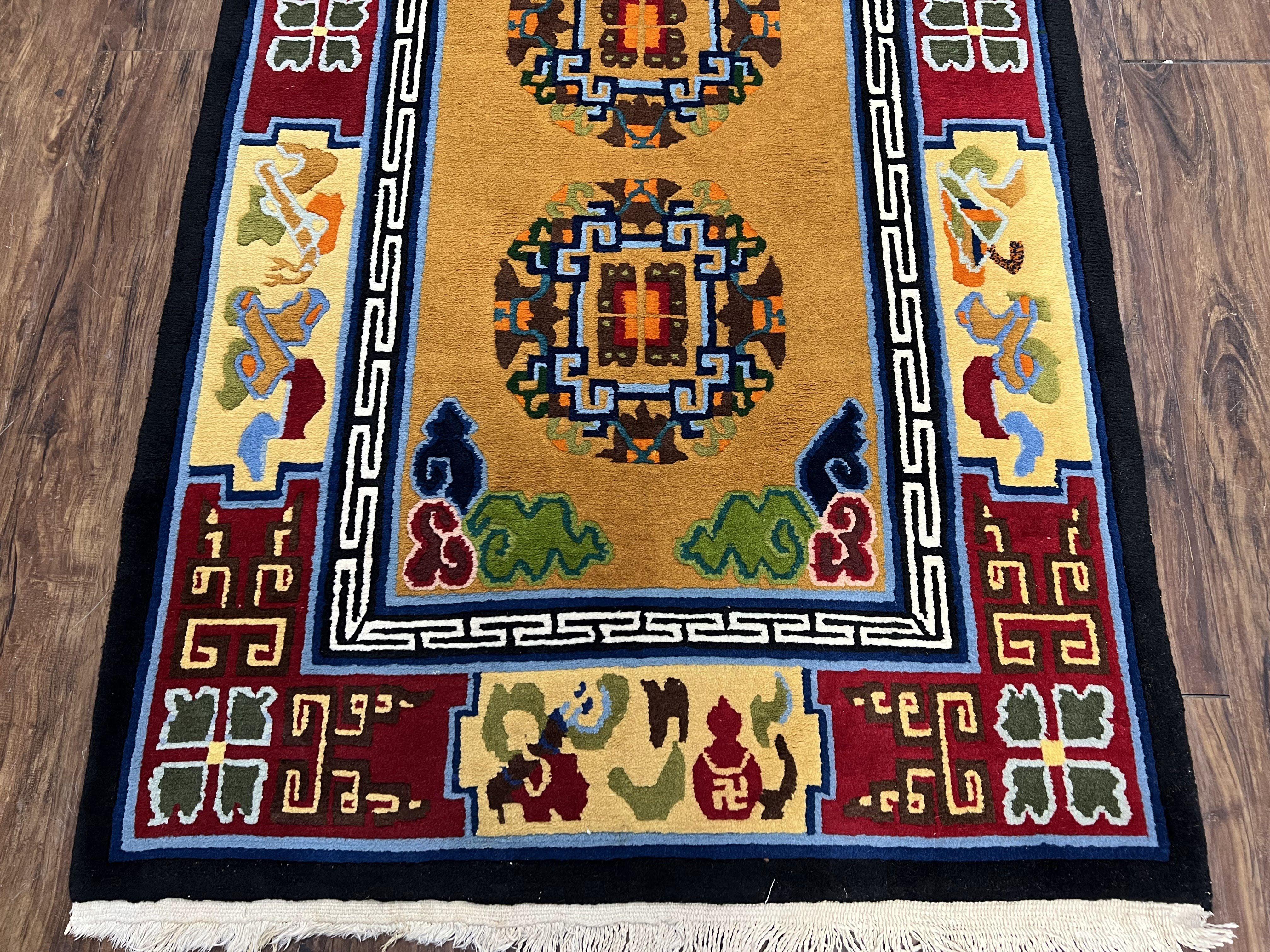 Vintage Chinese Art Deco Rug 3x6, Orange Dark Blue Maroon Chinese Peking Carpet, Asian Oriental Wool Rug, Bold Colors, Bedroom Rug, Hallway - Jewel Rugs
