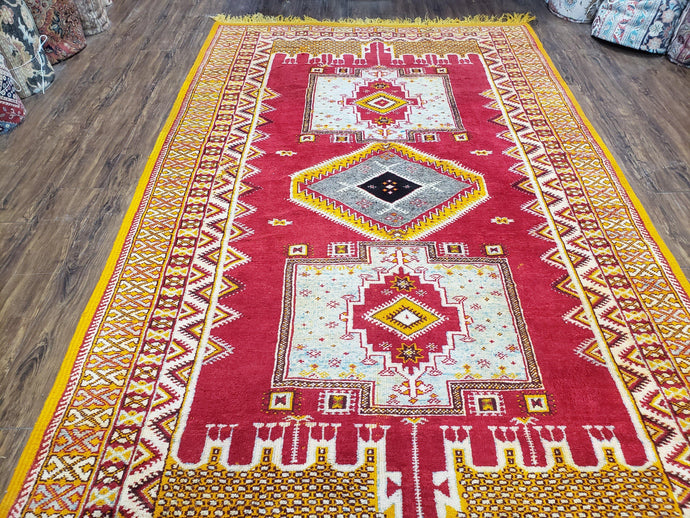 Vintage Moroccan Rug 6x10, Red and Yellow Moroccan Carpet, Handmade Bohemian Tribal Area Rug, Hand-Knotted 1970s Wool Rug, Medalions - Jewel Rugs