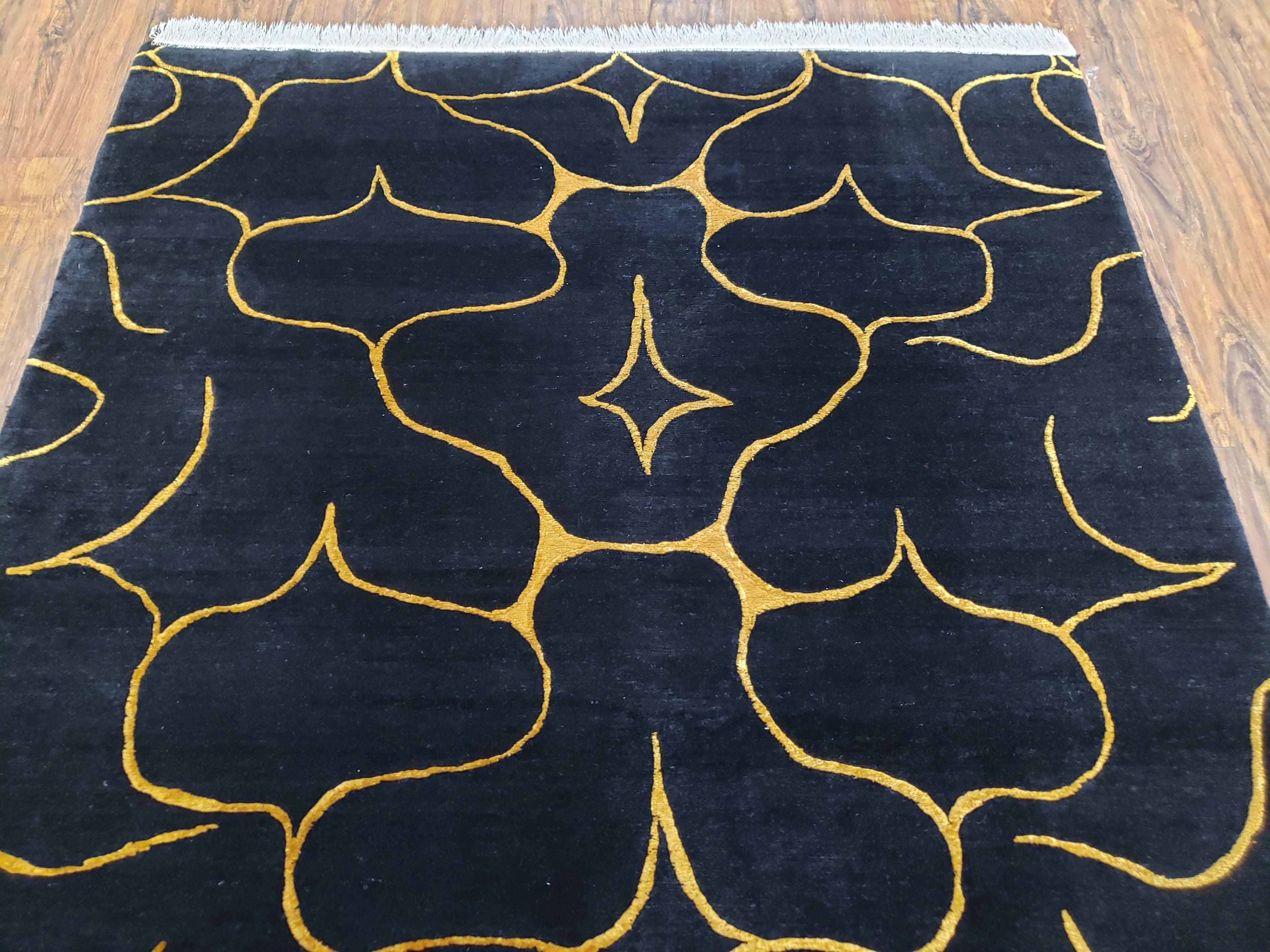 Black Tibetan Runner Rug, Wide Runner Rug, Black and Gold Rug, Handmade Carpet, 4.5 x 10 Rug, Wool and Silk Rug, Modern Tibetan Rug Abstract - Jewel Rugs