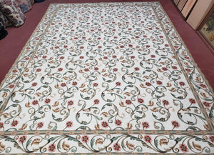 Needlepoint Rug 9x12, European Aubusson Design, Floral Allover Garden Pattern, New Needlepoint Area Rug, Ivory Rug, Hand Woven, Flatweave - Jewel Rugs