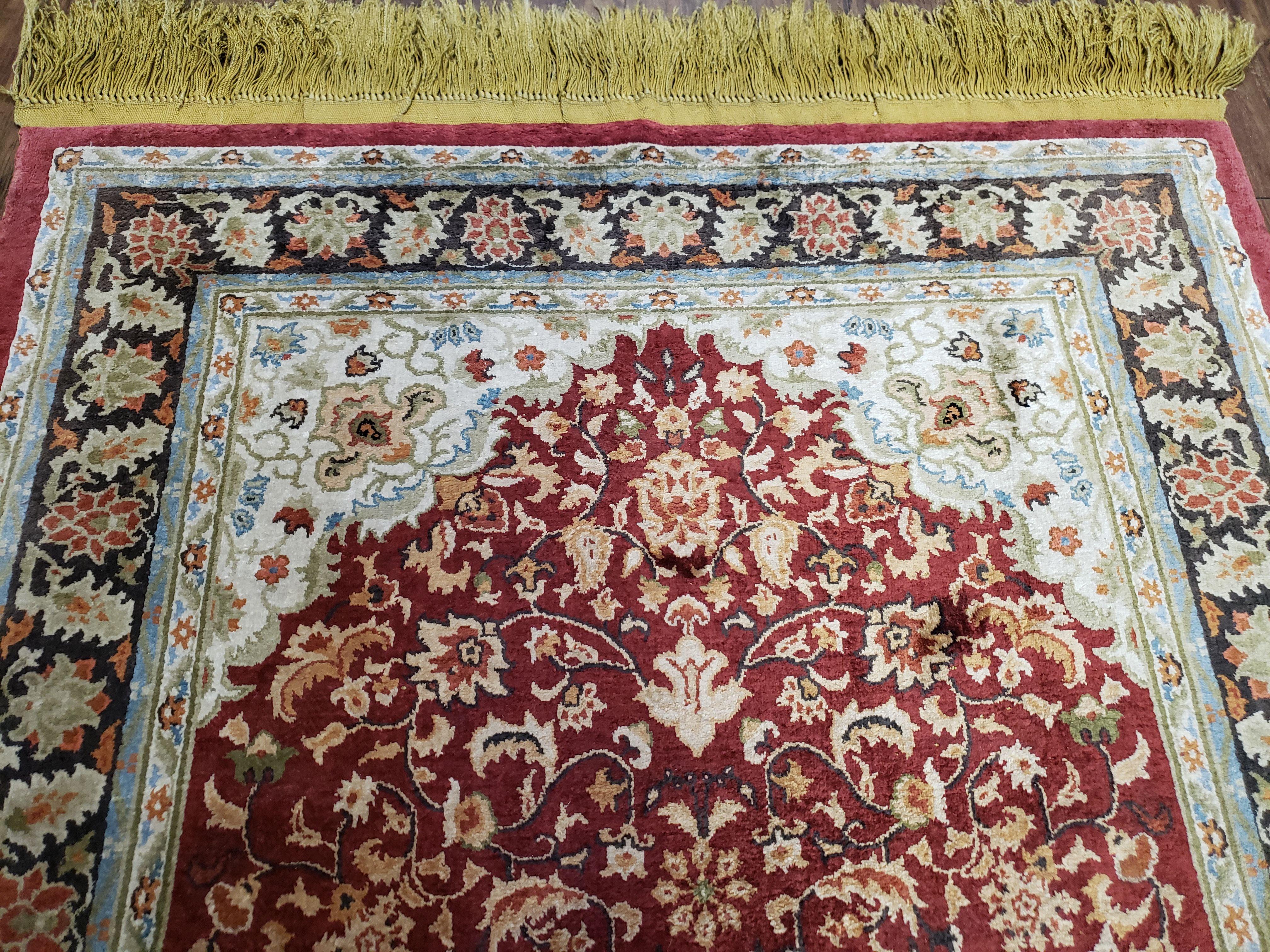 3x5 Silk Hand-Knotted Rug, Silk Oriental Carpet 5 x 3, Red & Ivory, Floral Medallion, Gold Fringes, Semi Antique Vintage Traditional Rug - Jewel Rugs